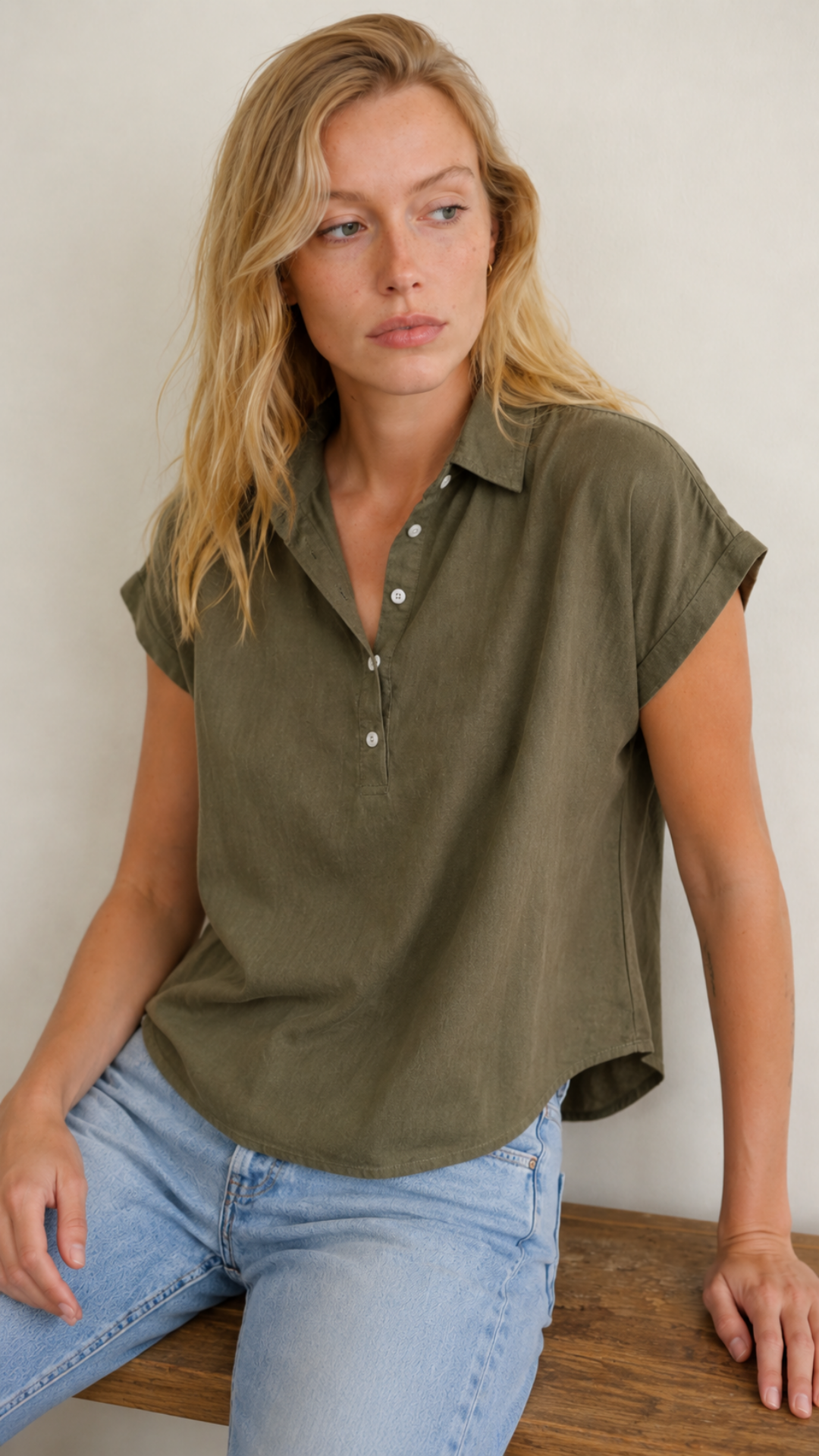 S/S Henley Cotton Blend - Military