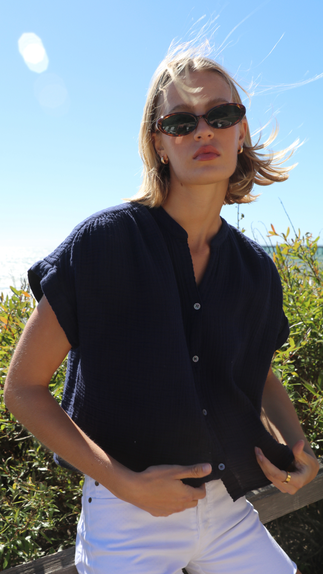 Short Sleeve Top Gauze - Navy