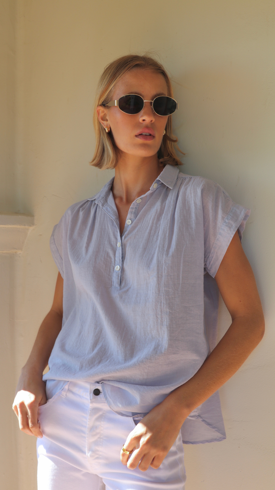 S/S Henley Cotton Voile - Grey Skies