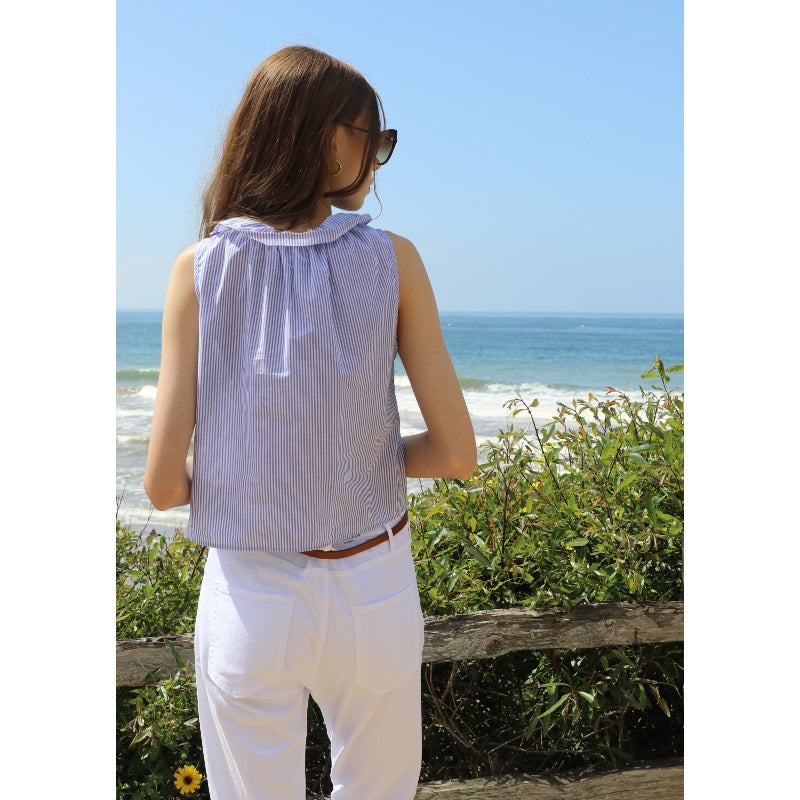 Ruffle Collar Top - Navy Stripe