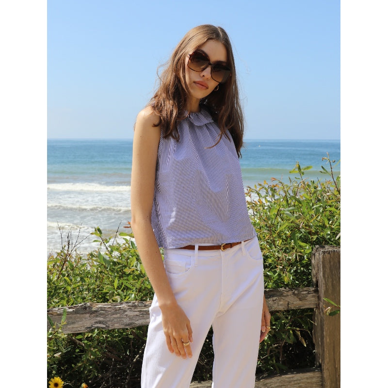 Ruffle Collar Top - Navy Stripe