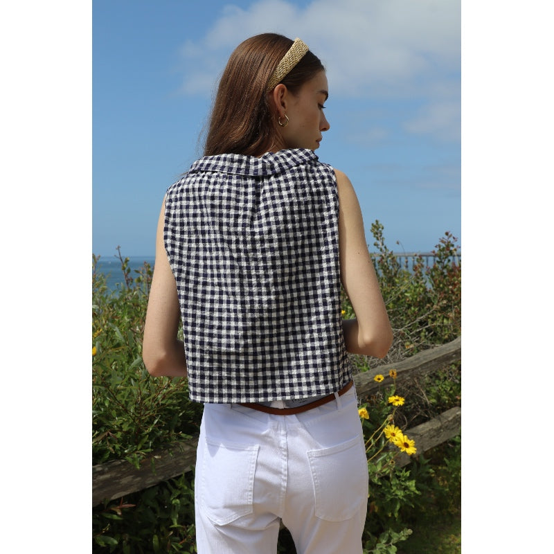 Ruffle Collar Top - Navy Gingham