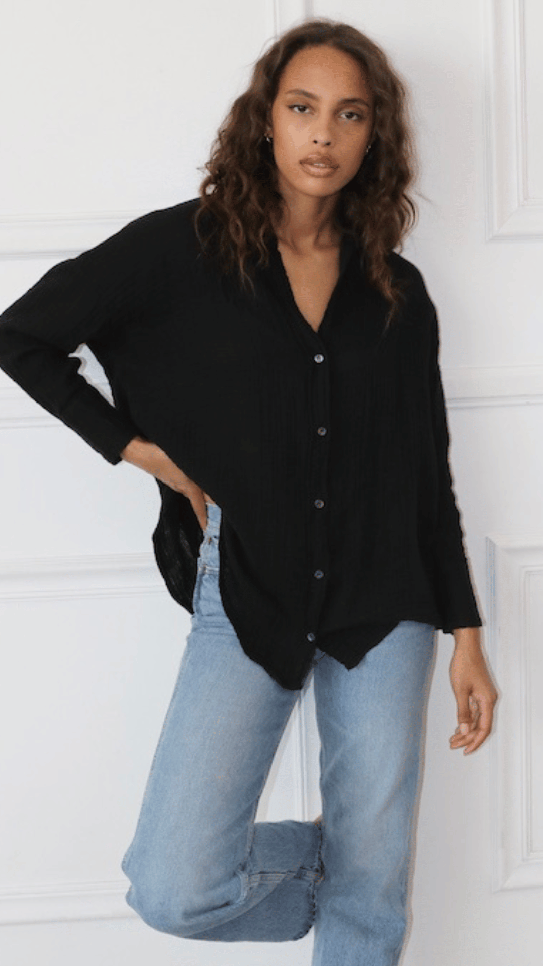 Drop Shoulder Top Gauze - Black