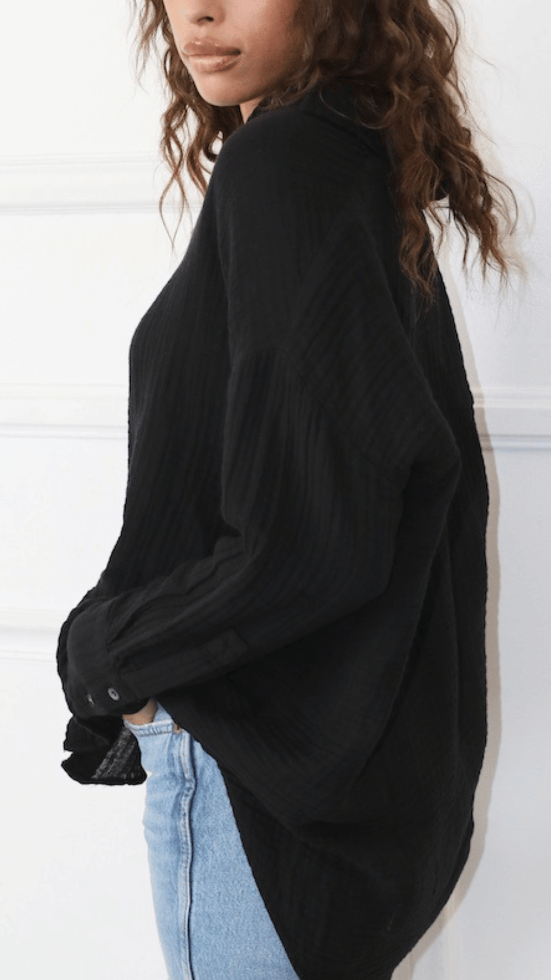 Drop Shoulder Top Gauze - Black