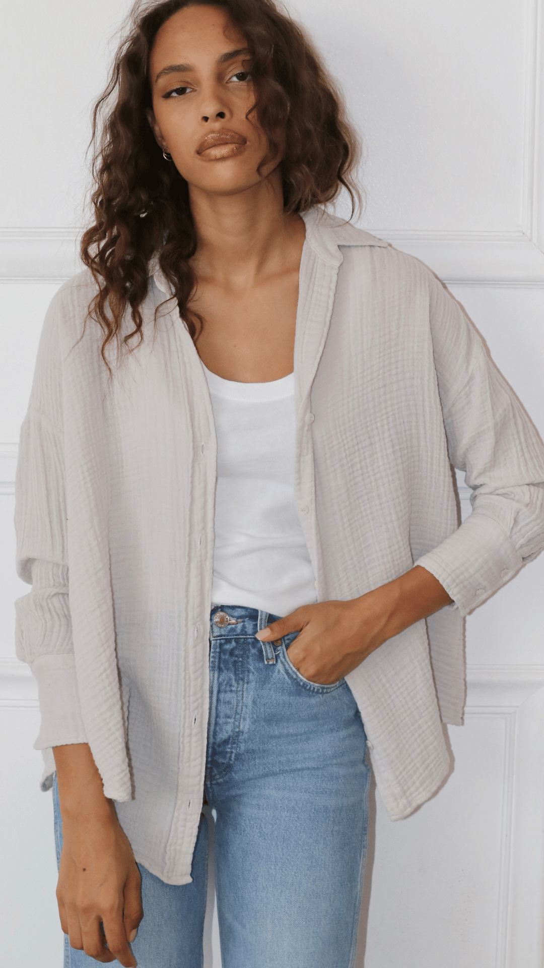 Drop Shoulder Top Gauze -Birch