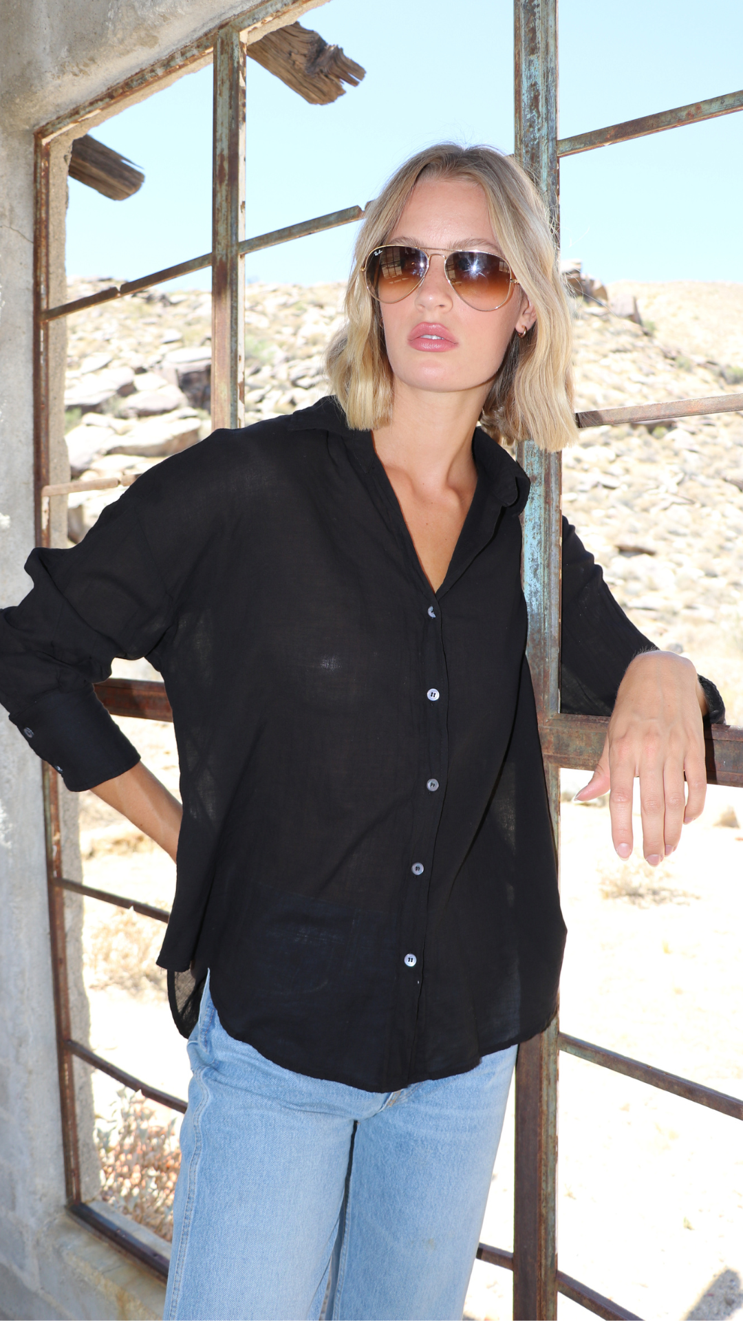 Drop Shoulder Shirt Cotton Voile - Black
