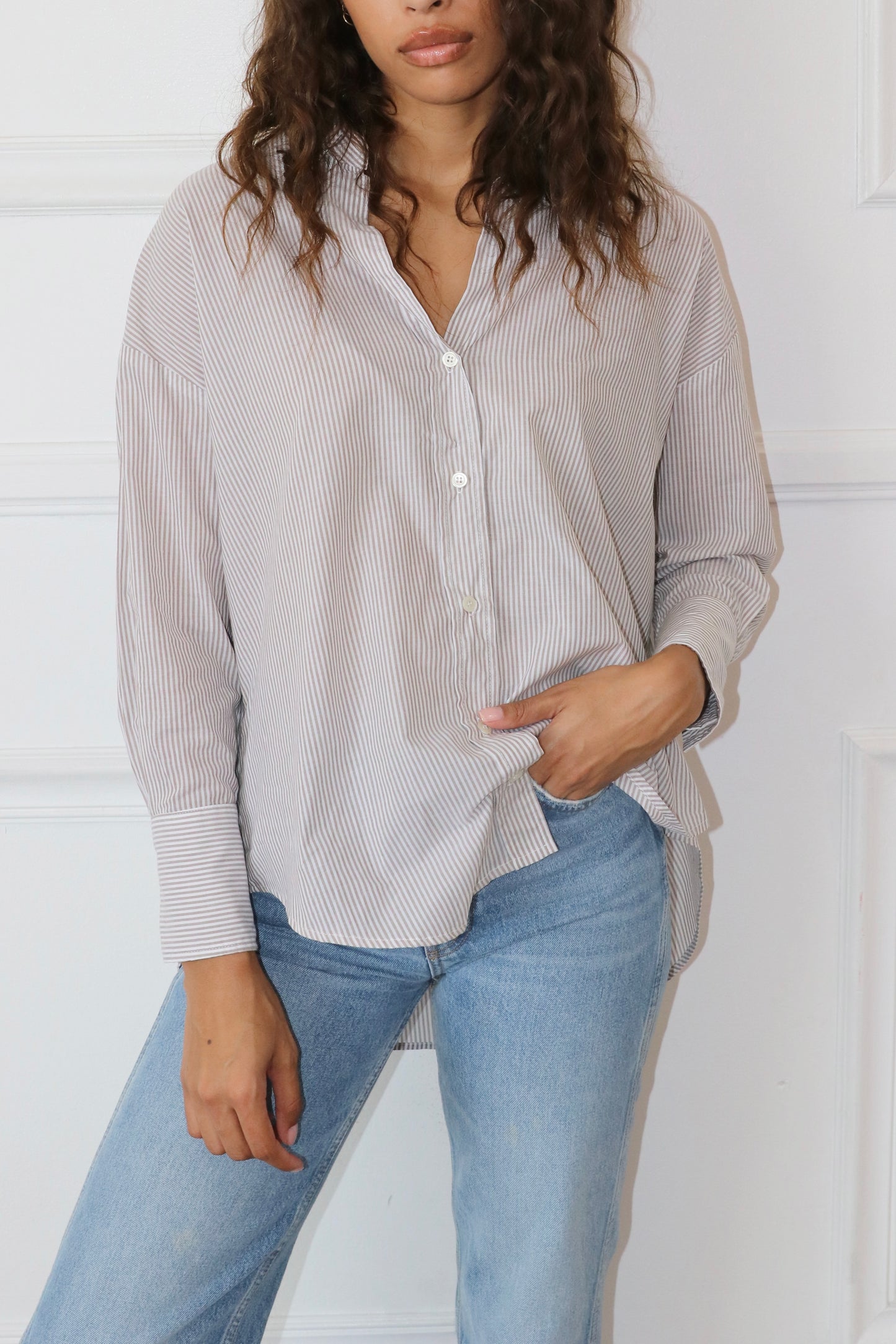 Drop Shoulder Shirt - Tan Stripe