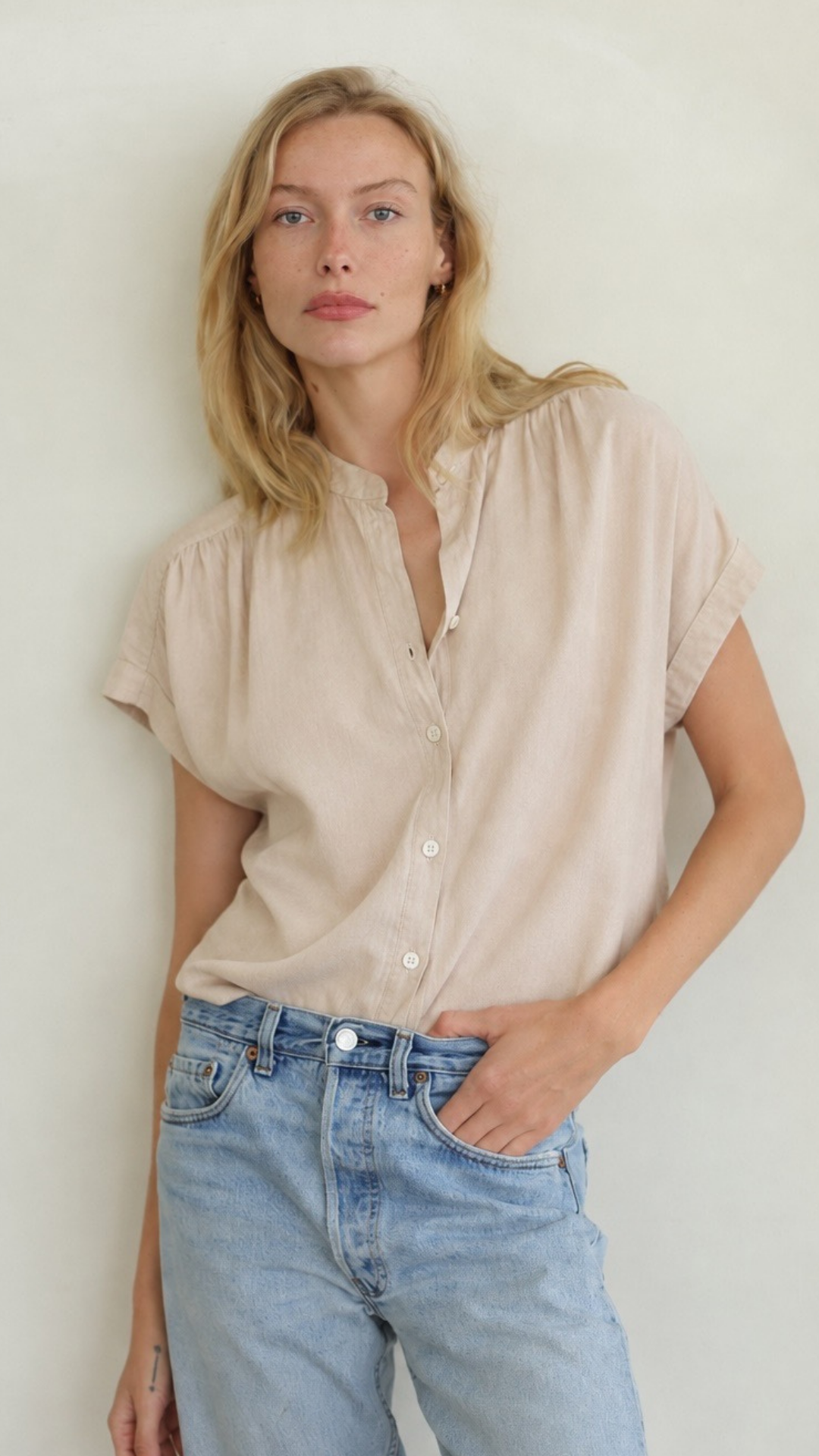 Short Sleeve Top Linen - Light Tan