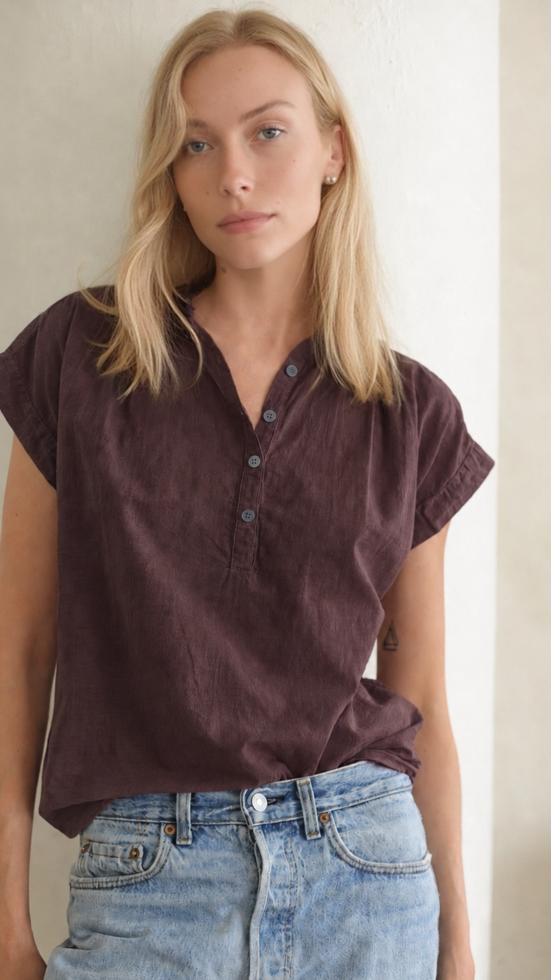 S/S Henley Cotton Voile - Bark