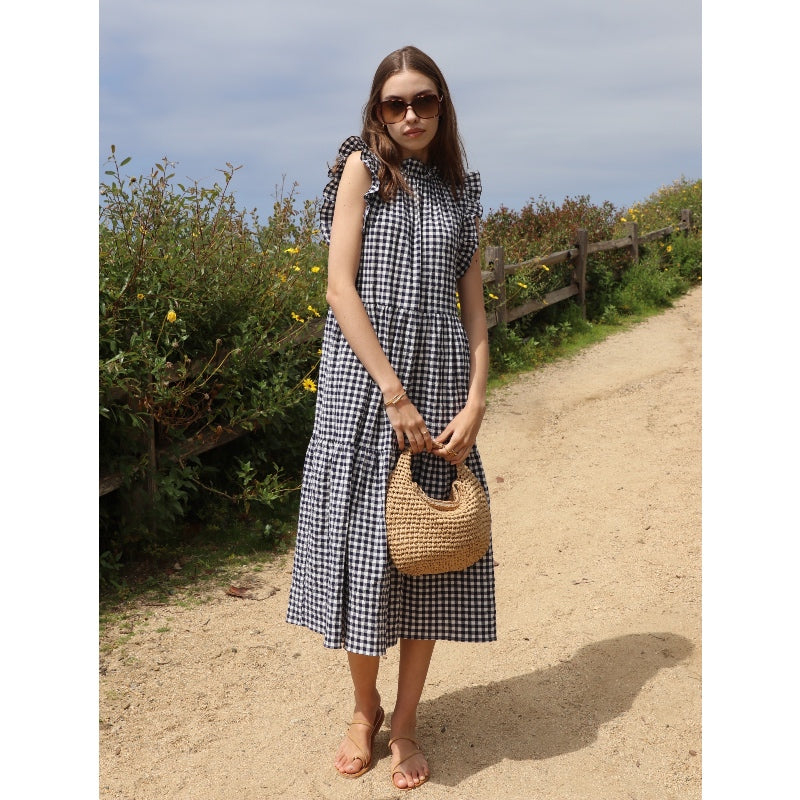 Ruffle Collar Dress - Navy Gingham