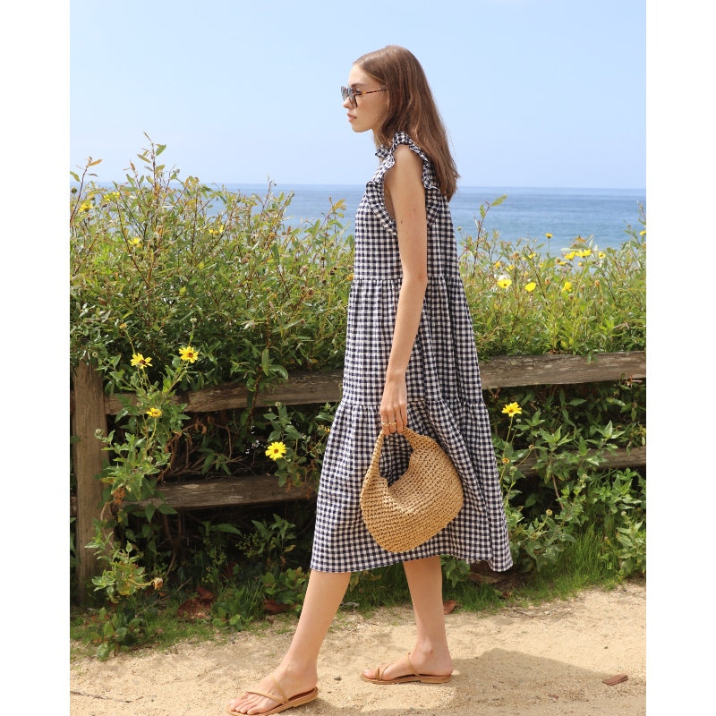 Ruffle Collar Dress - Navy Gingham