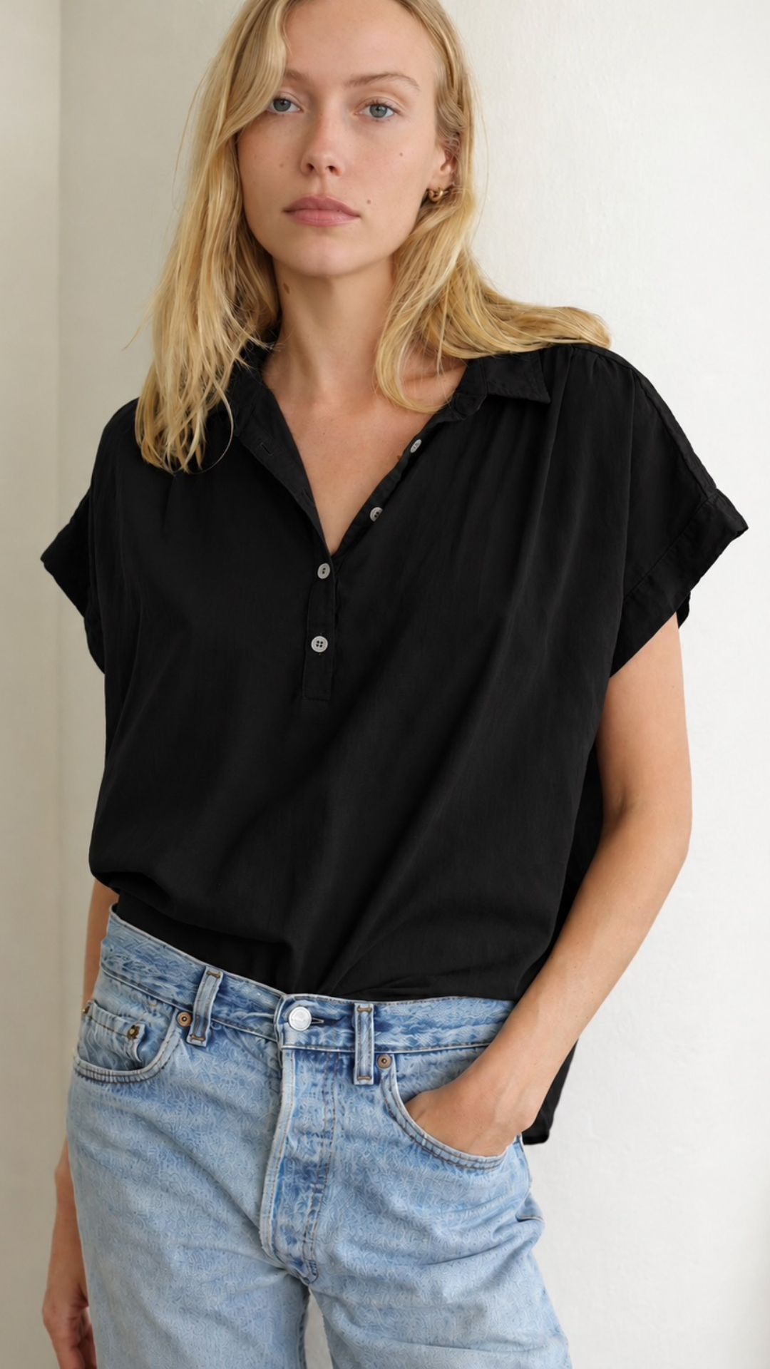 S/S Henley Cotton Voile - Black