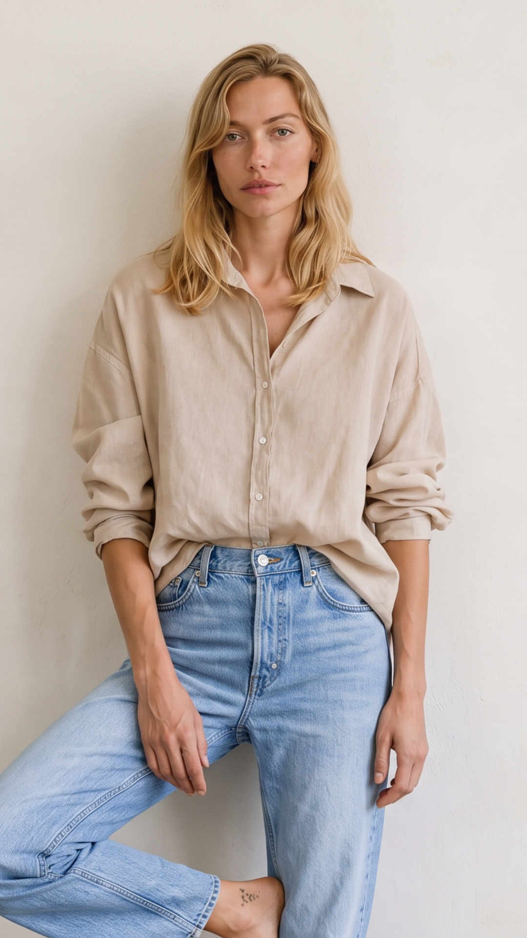 Drop Shoulder Shirt Cotton Blend - Light Tan