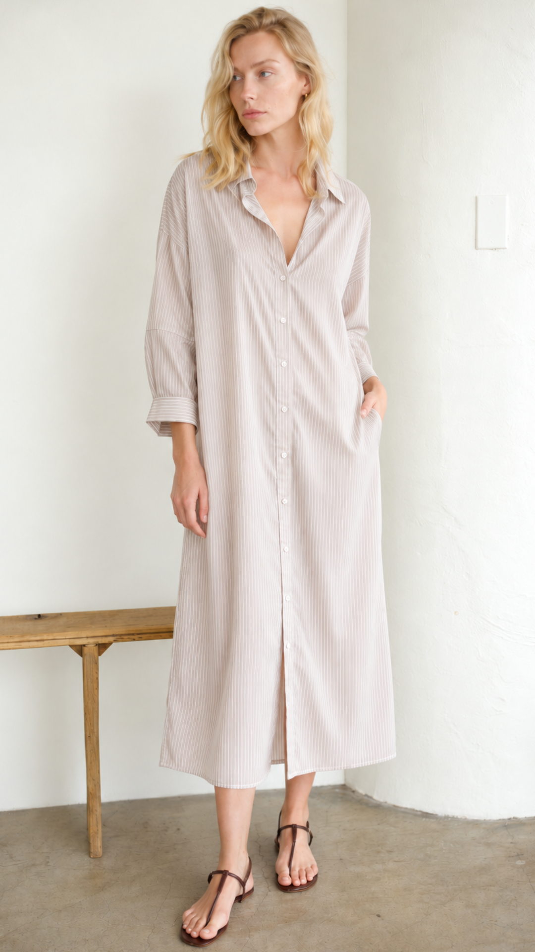 Drop Shoulder Dress Lyocell Silk - Walnut Stripe