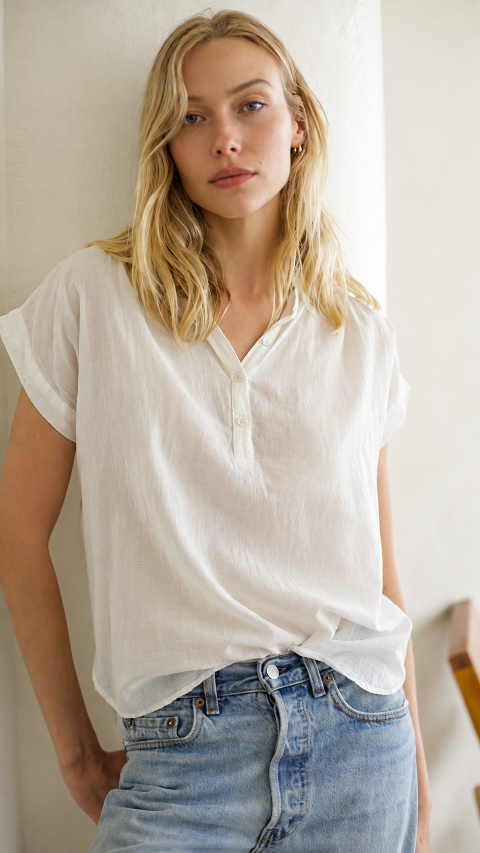 S/S Henley Cotton Voile - Cannoli