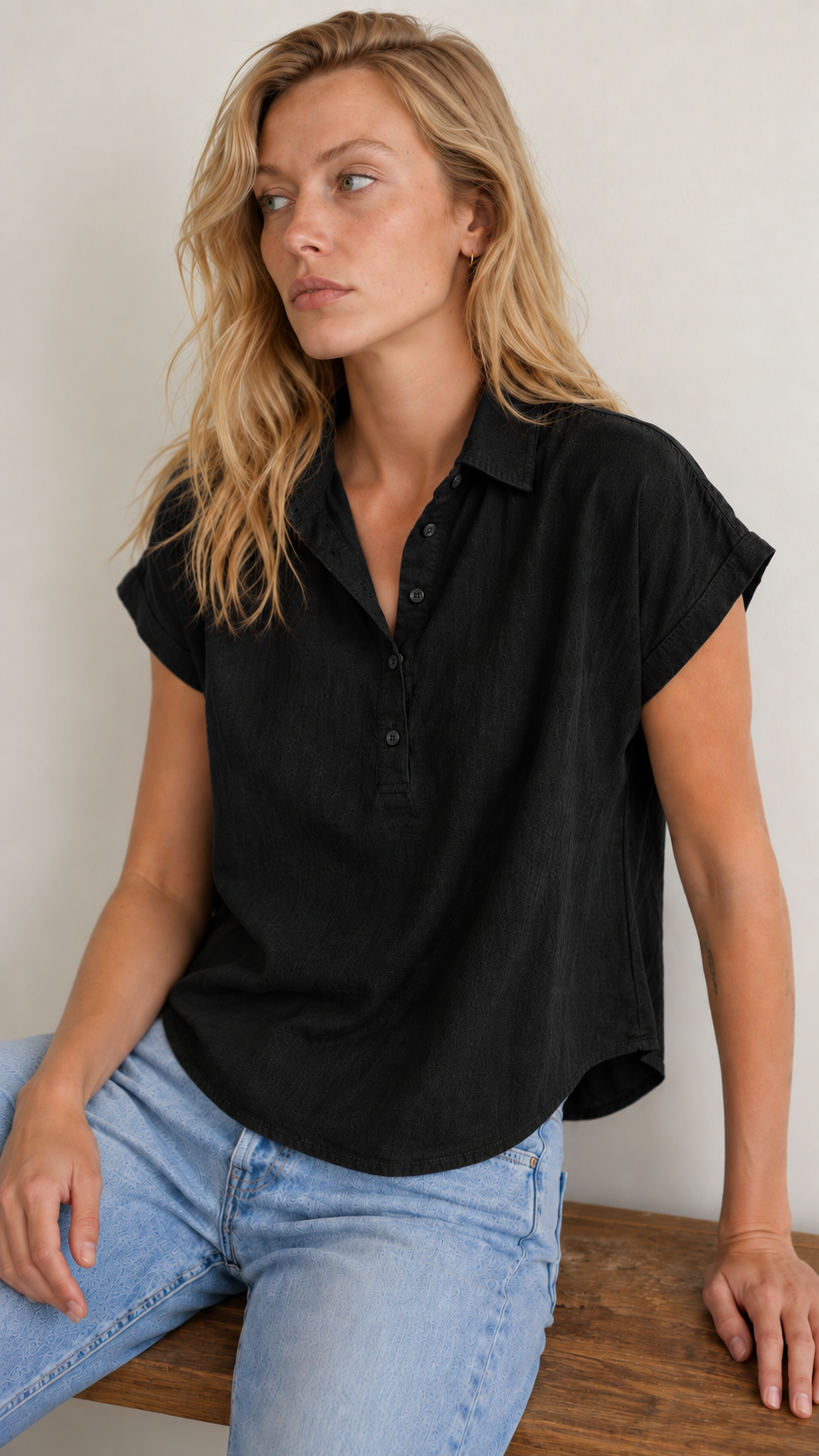 S/S Henley Cotton Blend - Black