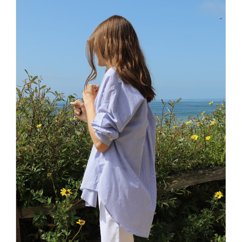 Drop Shoulder Shirt - Navy Stripe