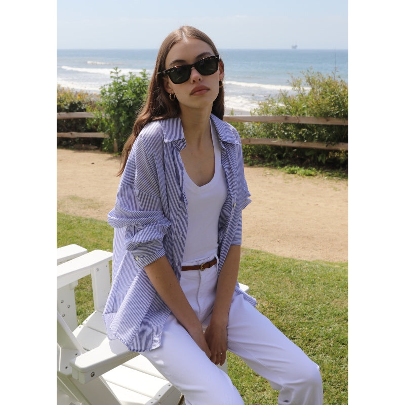 Drop Shoulder Shirt - Navy Stripe