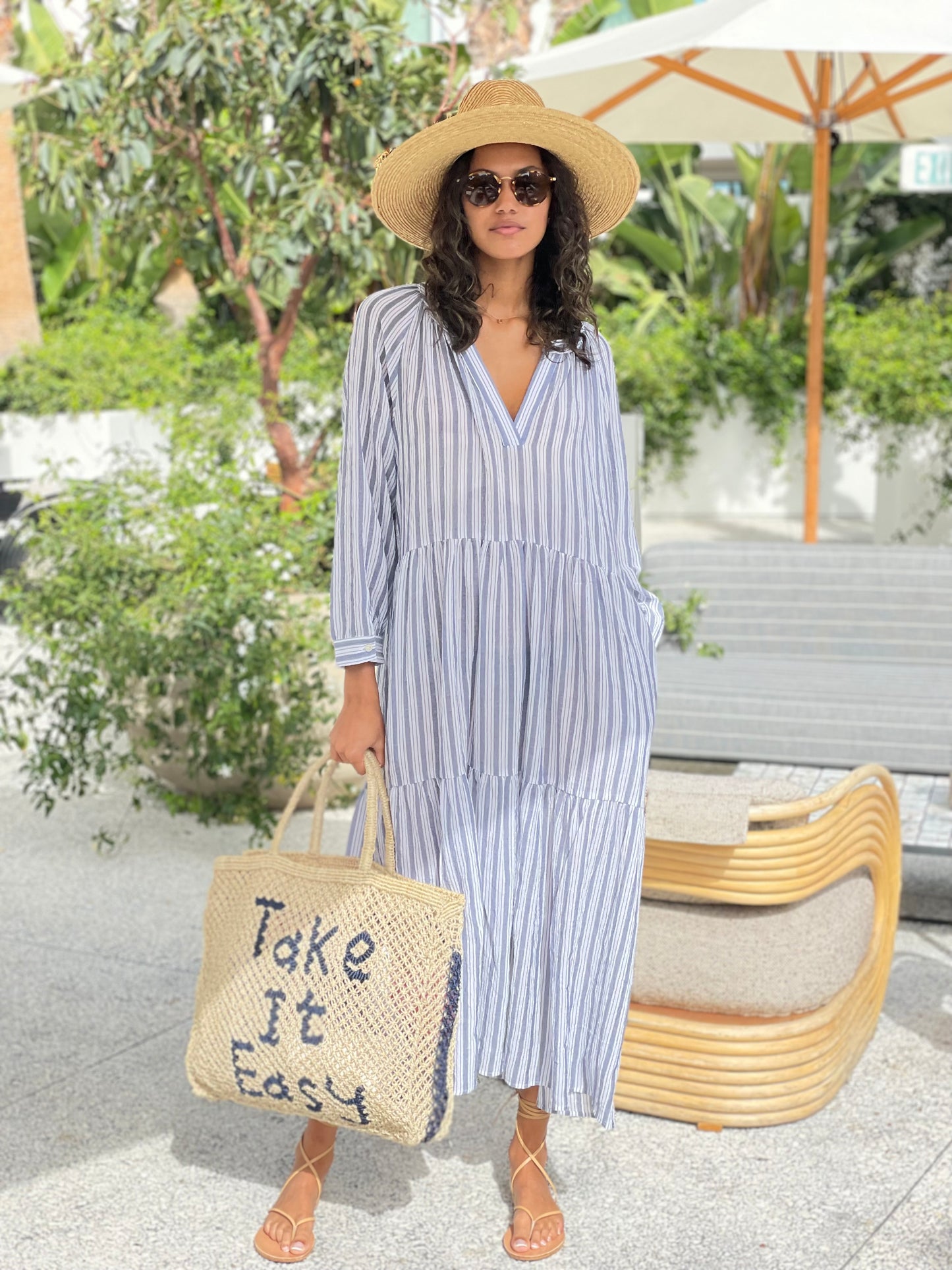 Puff Sleeve Maxi Cotton Navy Stripe