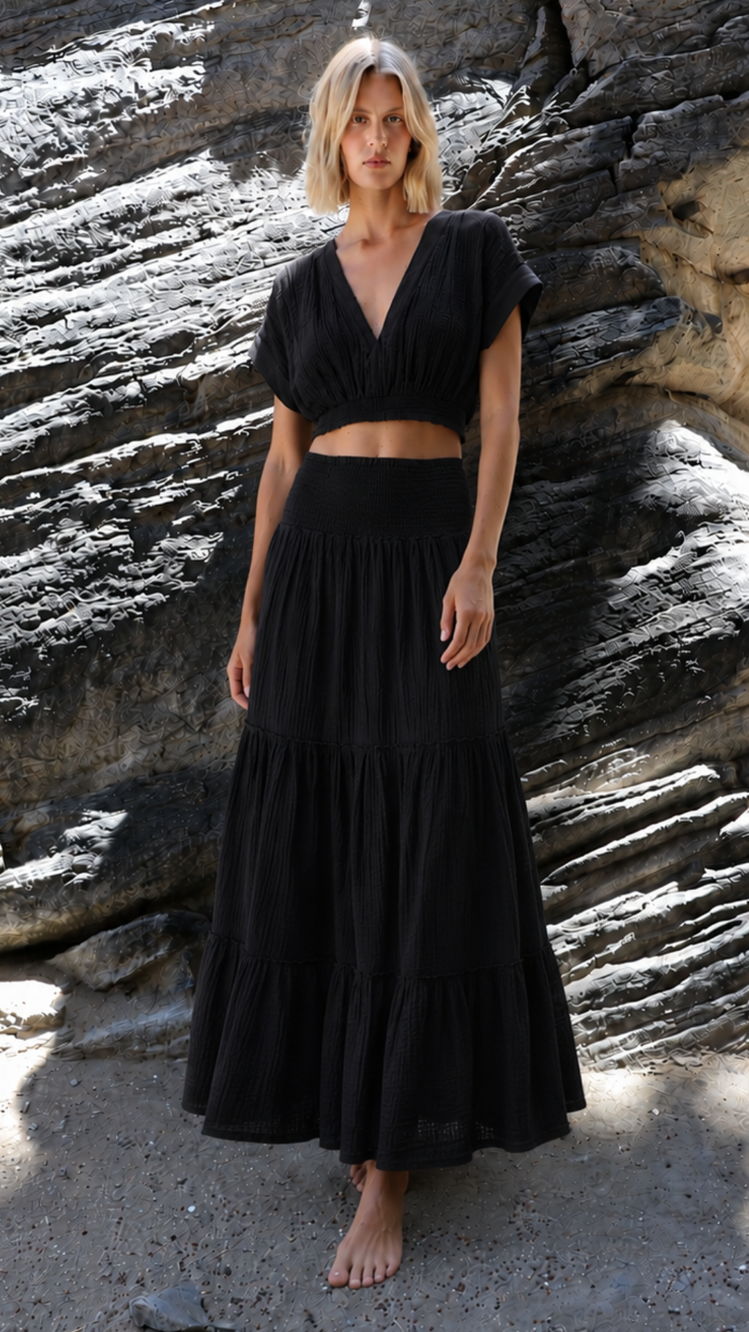 Smocked Maxi Skirt Gauze - Black