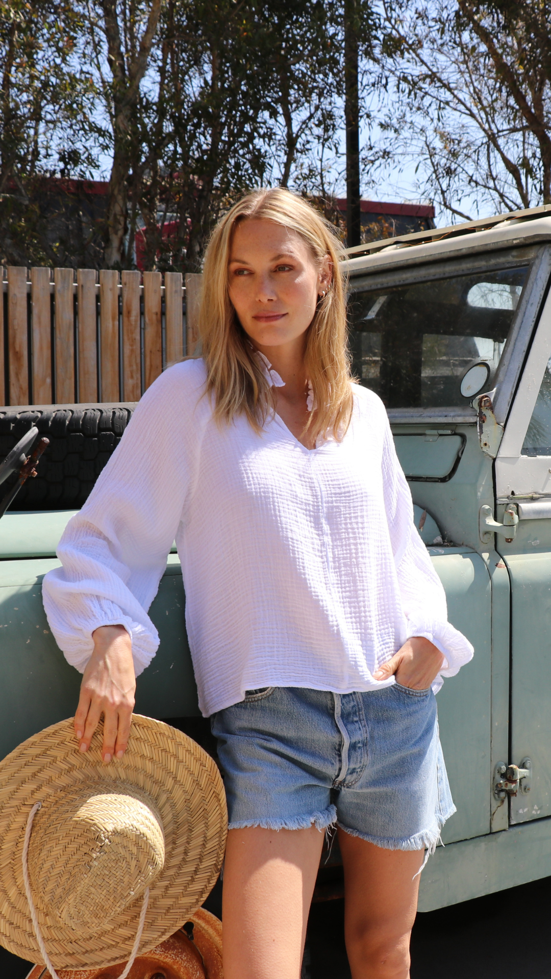 Ruffle Collar Top Cotton Gauze - White