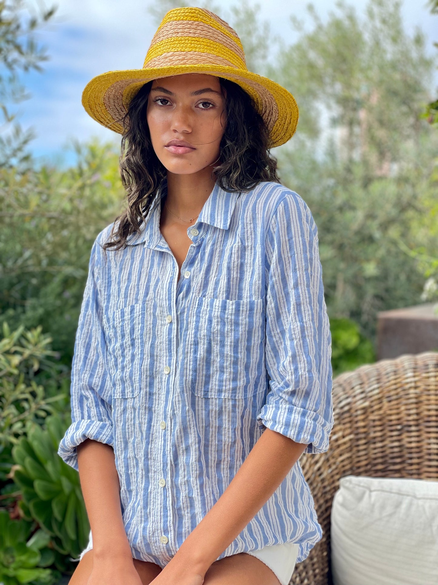 Two Pocket Shirt Stipe Cotton -Sky Stripe
