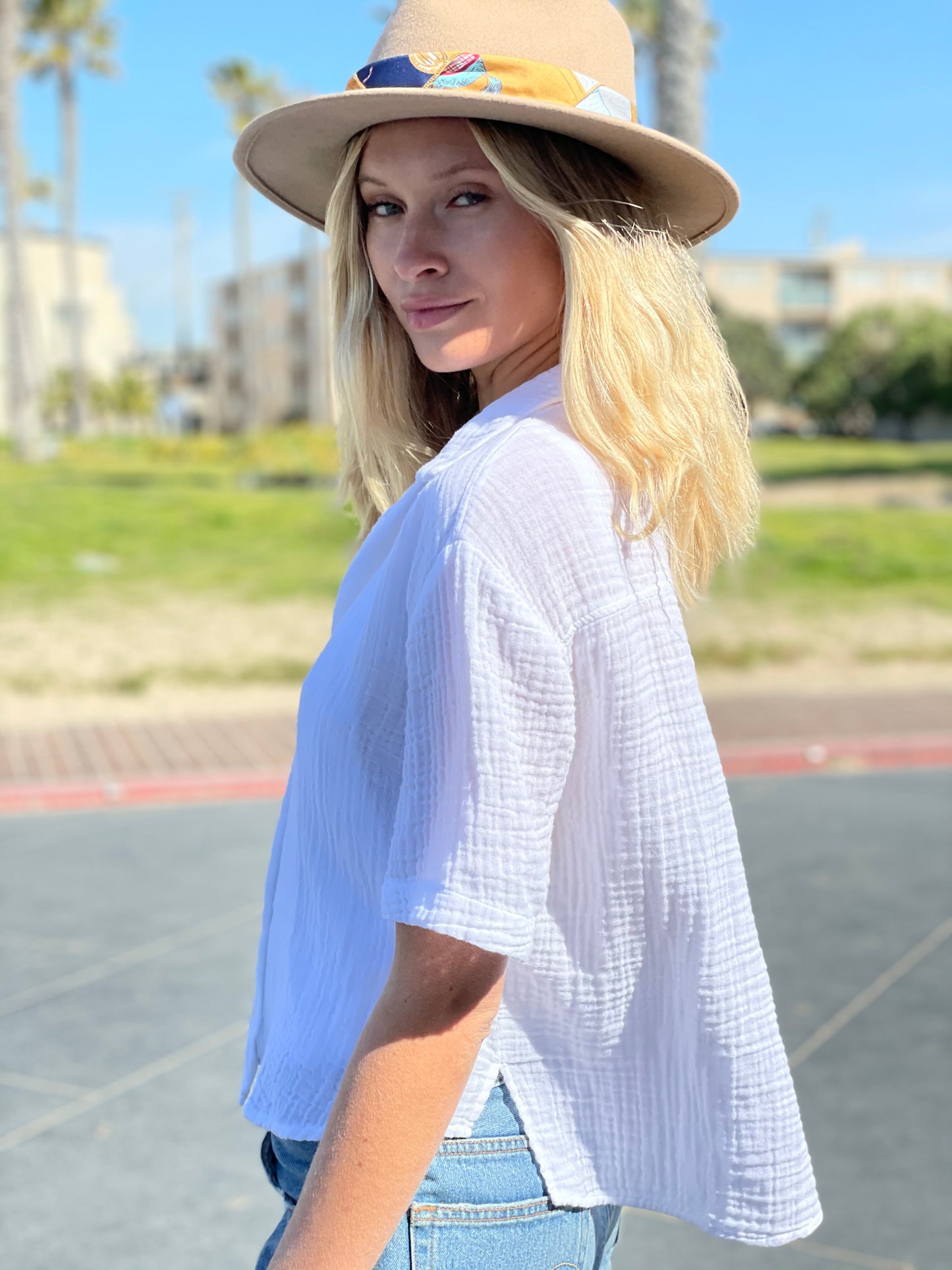 Short Sleeve Collar Gauze Top White