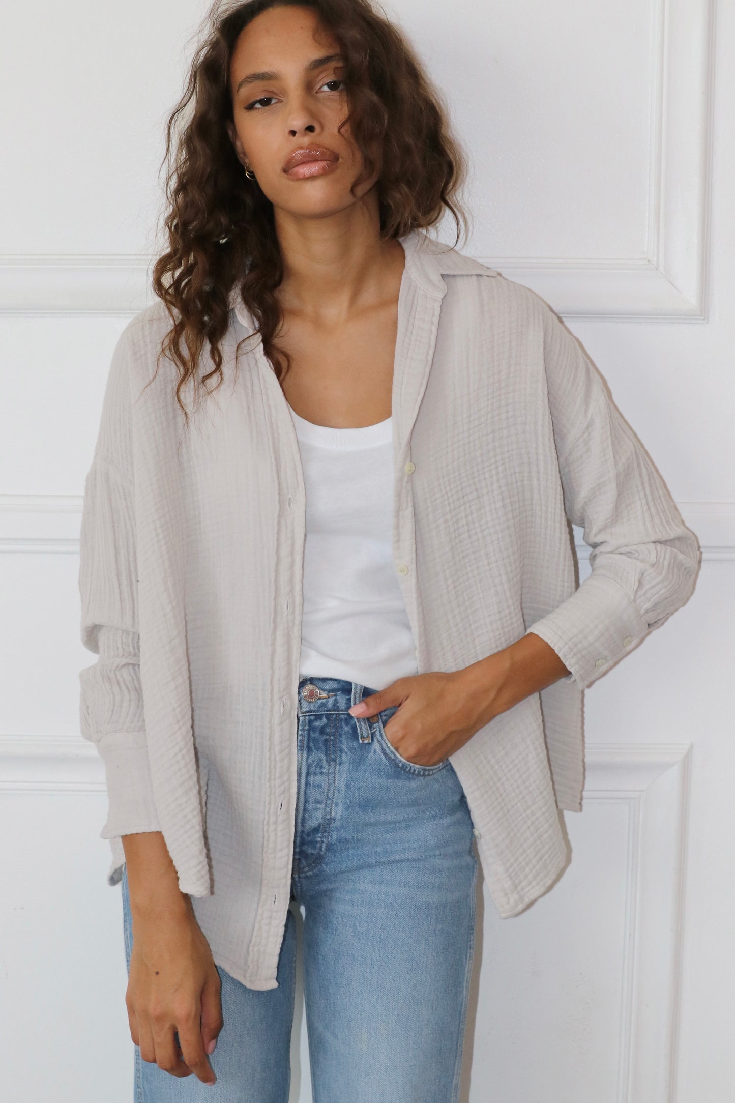 Drop Shoulder Top Gauze -Birch