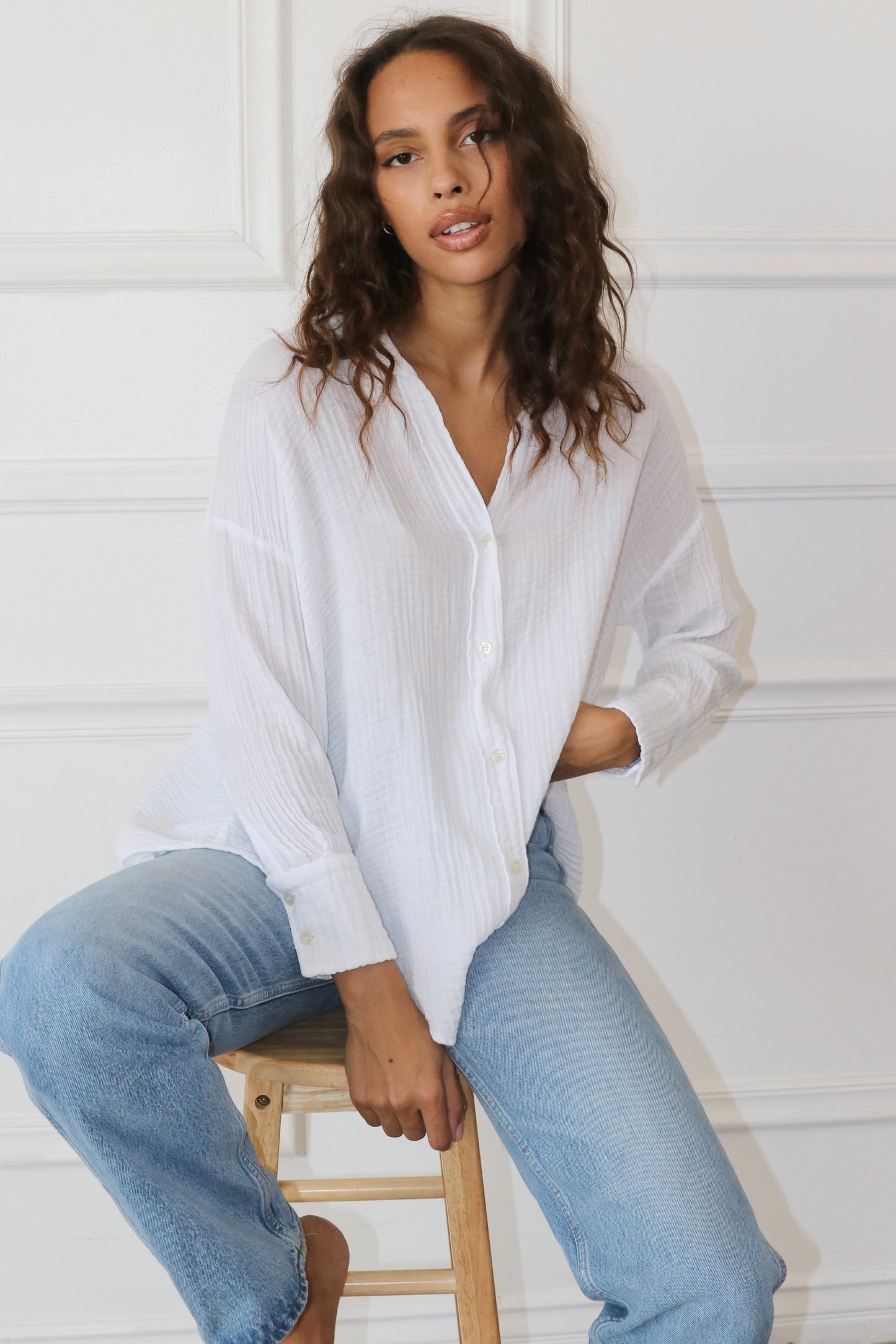 Drop Shoulder Top Gauze -White