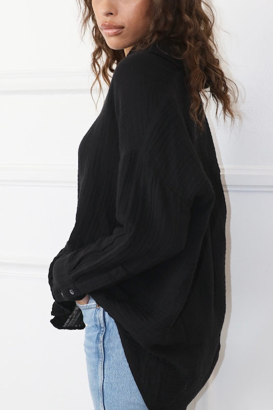 Drop Shoulder Top Gauze -Black
