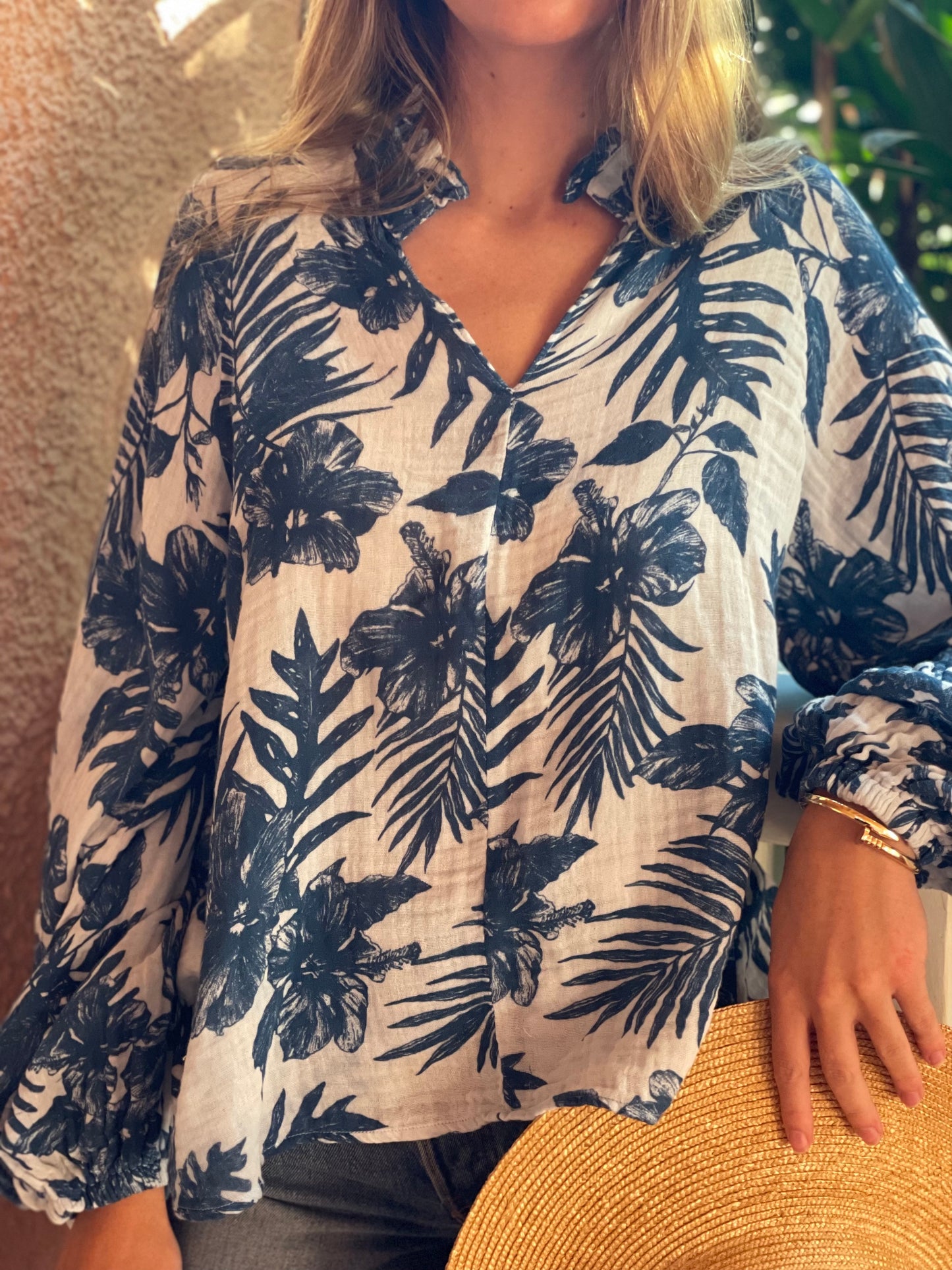 Ruffle Collar Top Gauze - Navy Palm