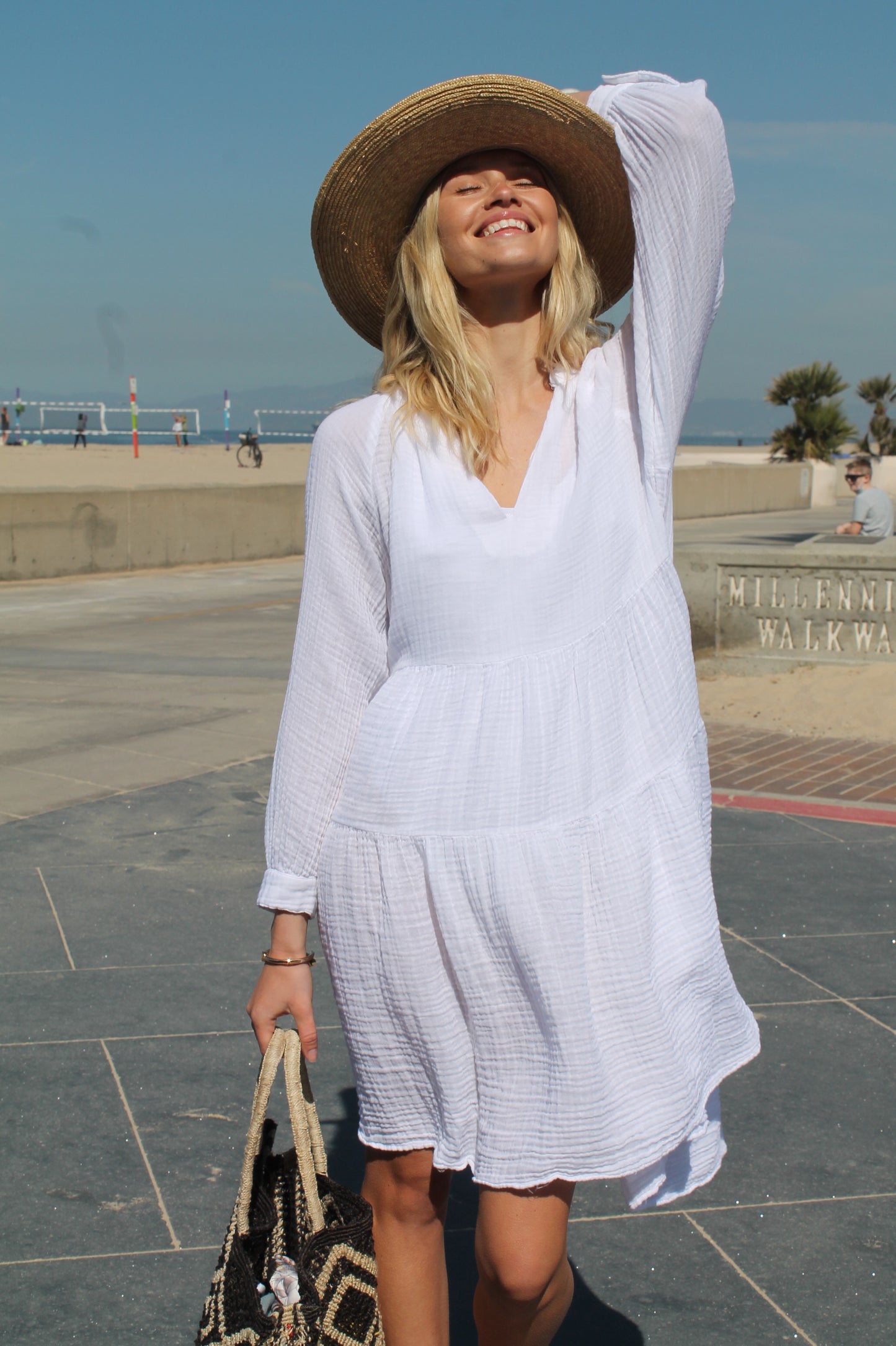 Puff Sleeve Dress Gauze - White