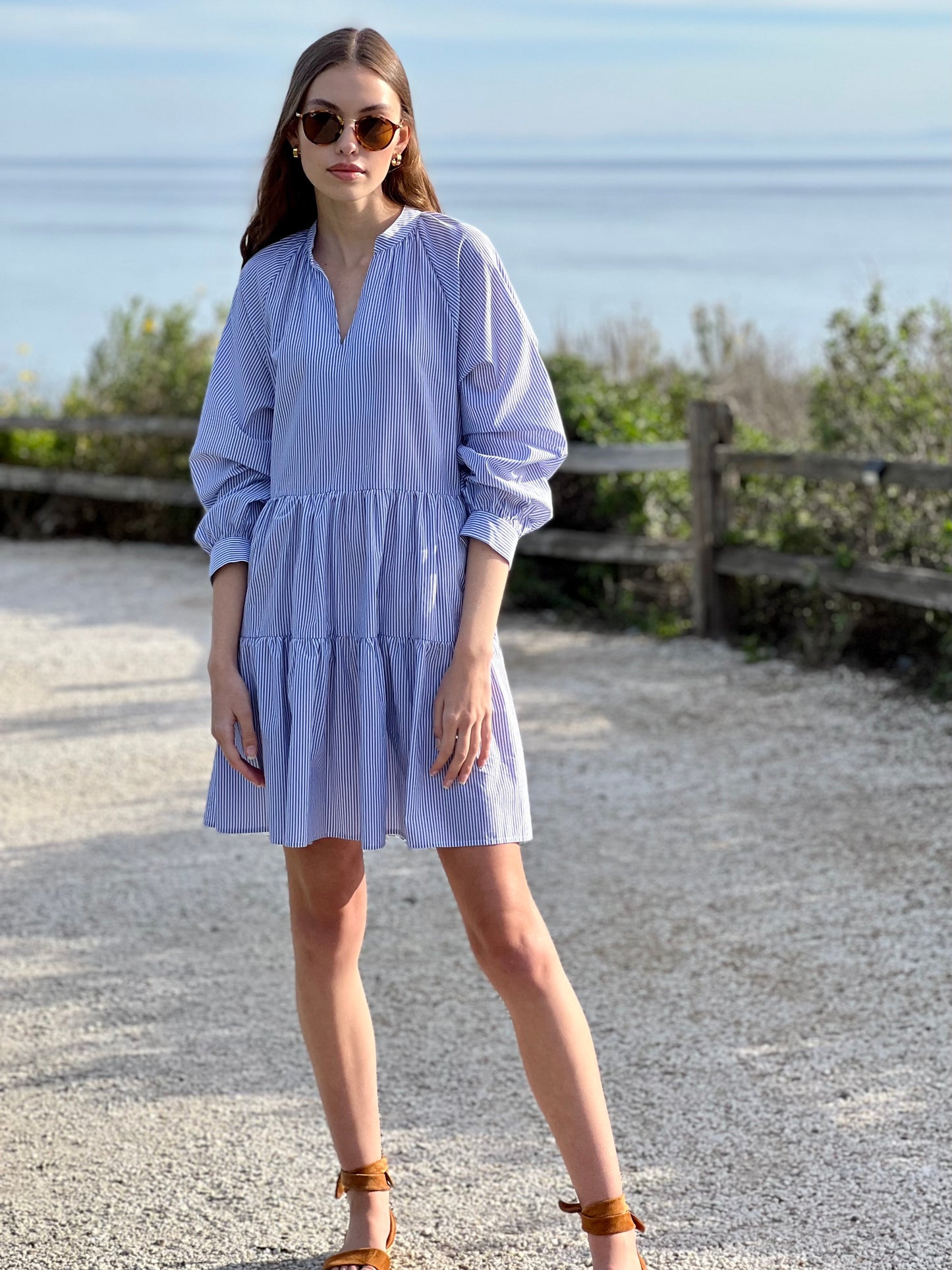 Puff Sleeve Dress Cotton - Navy Stripe