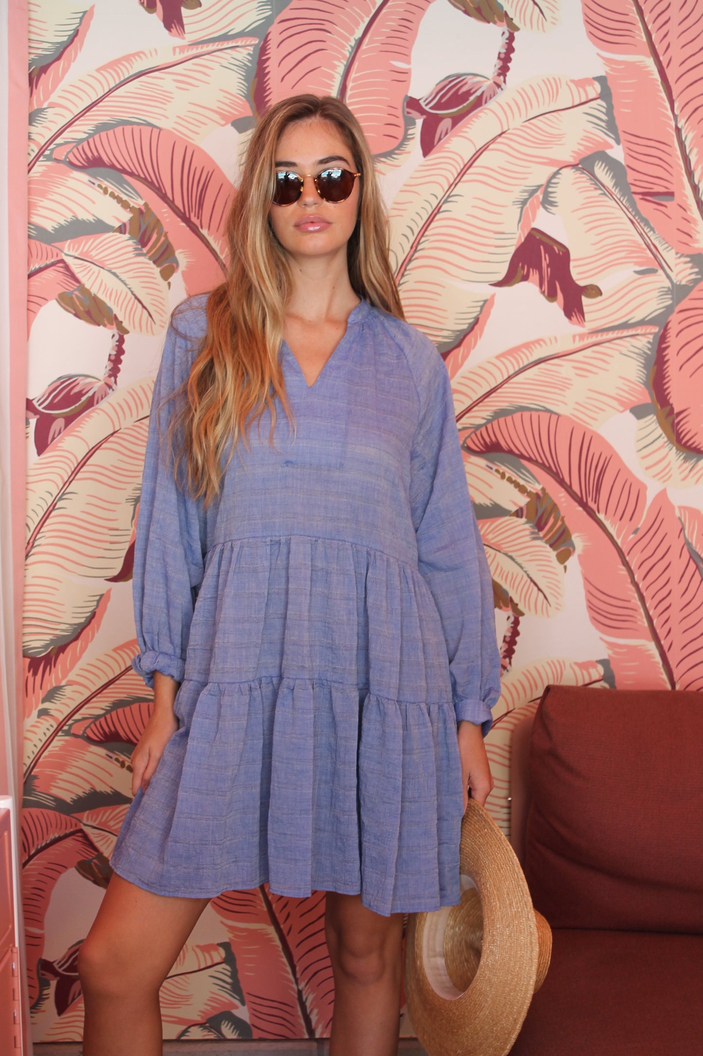 Puff Sleeve Dress Pucker Cotton -Sky