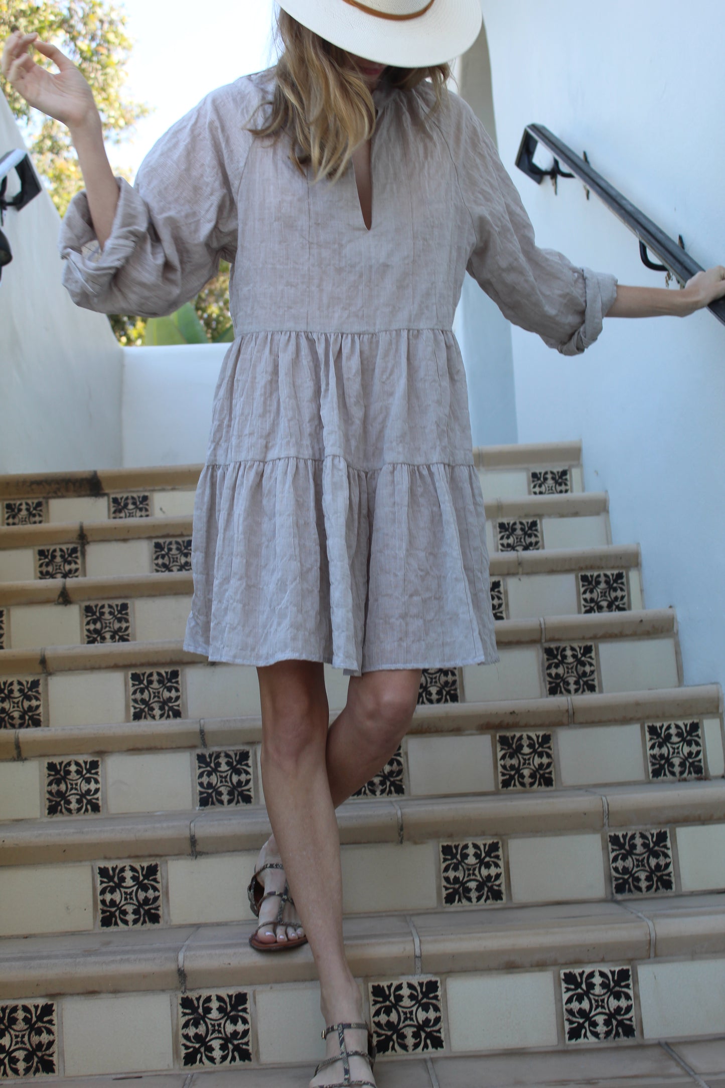 Puff Sleeve Dress -Walnut Stripe