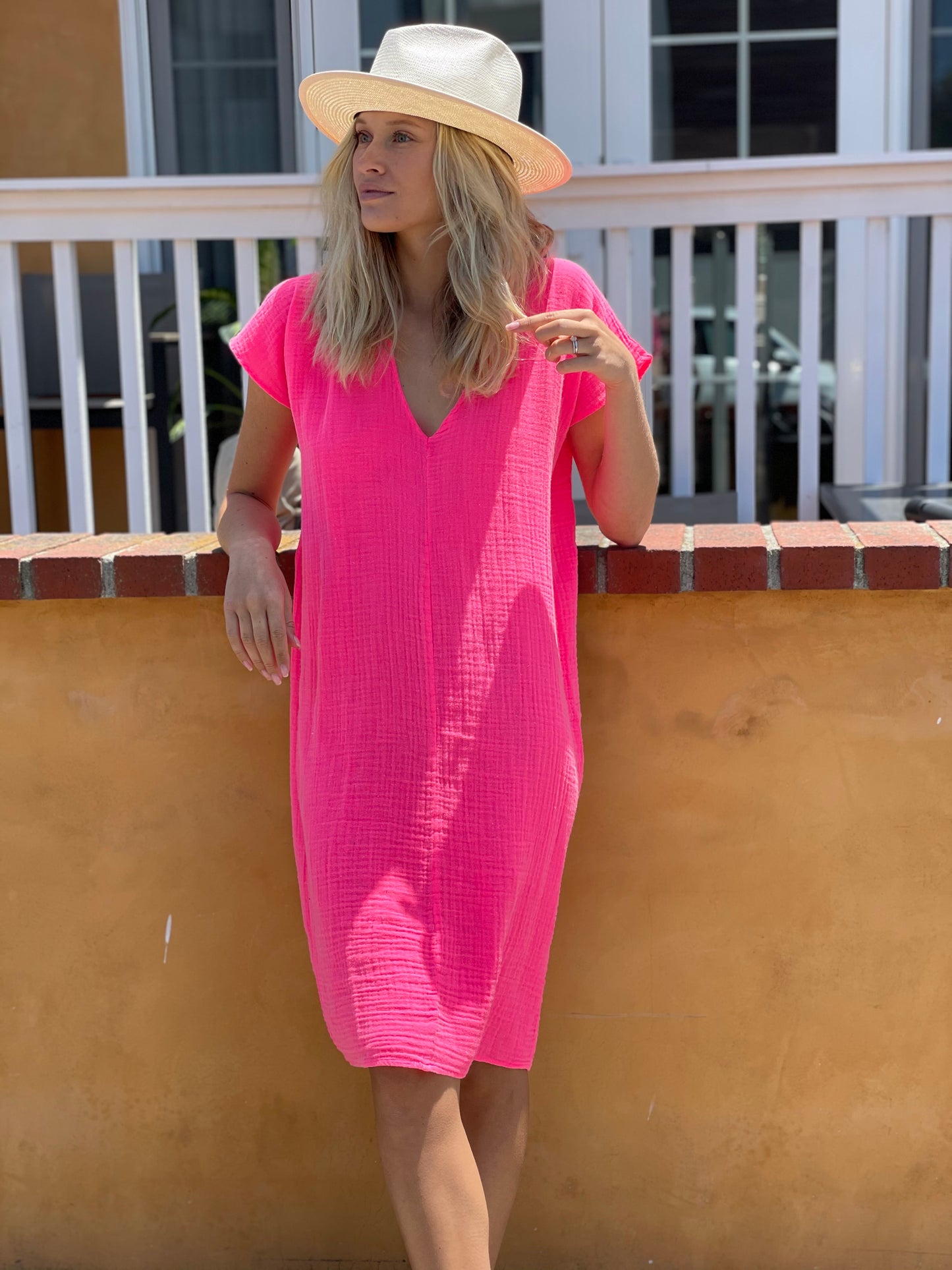 V Neck Dress - Hot Pink