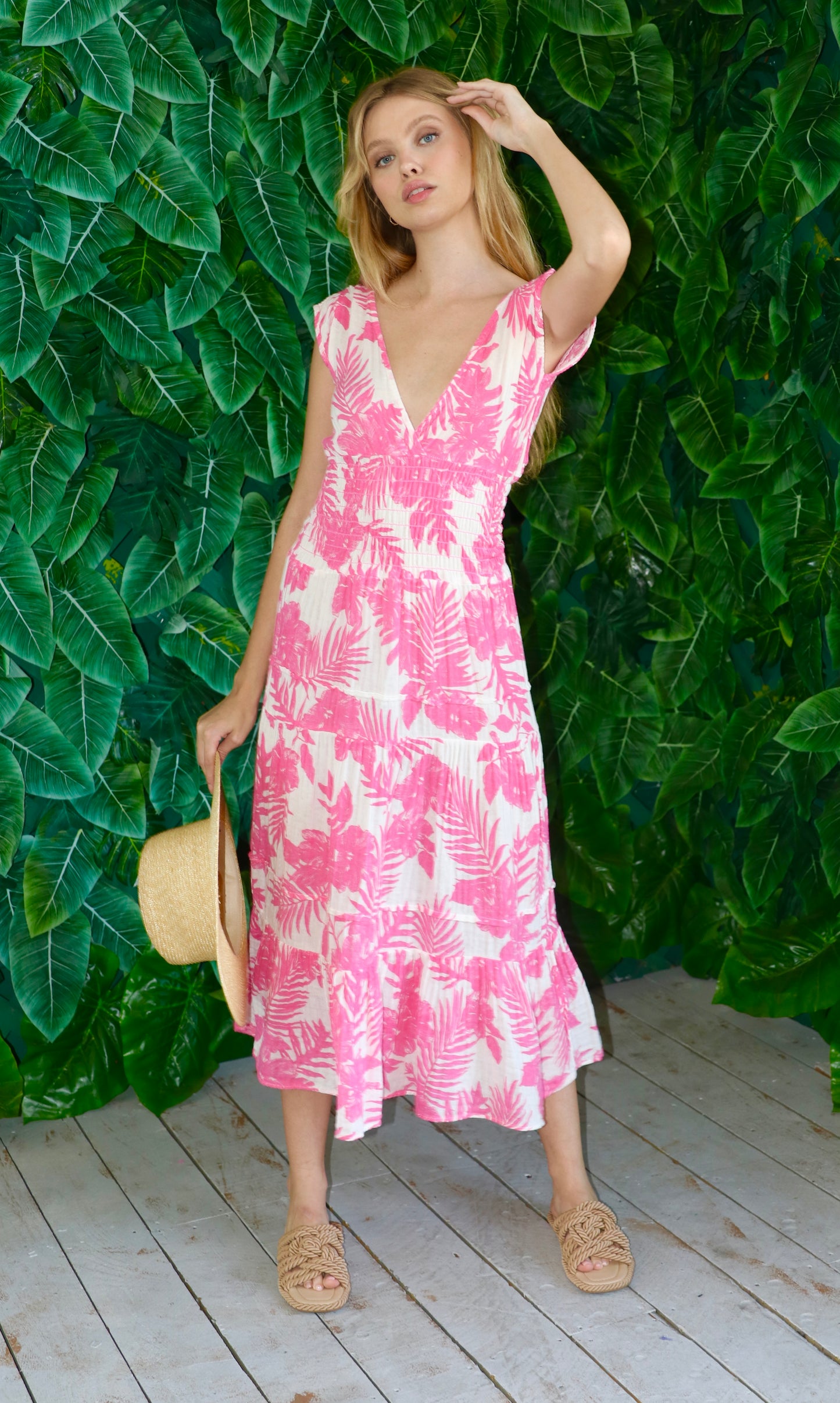 Smocked Dress Gauze- PINK PALM