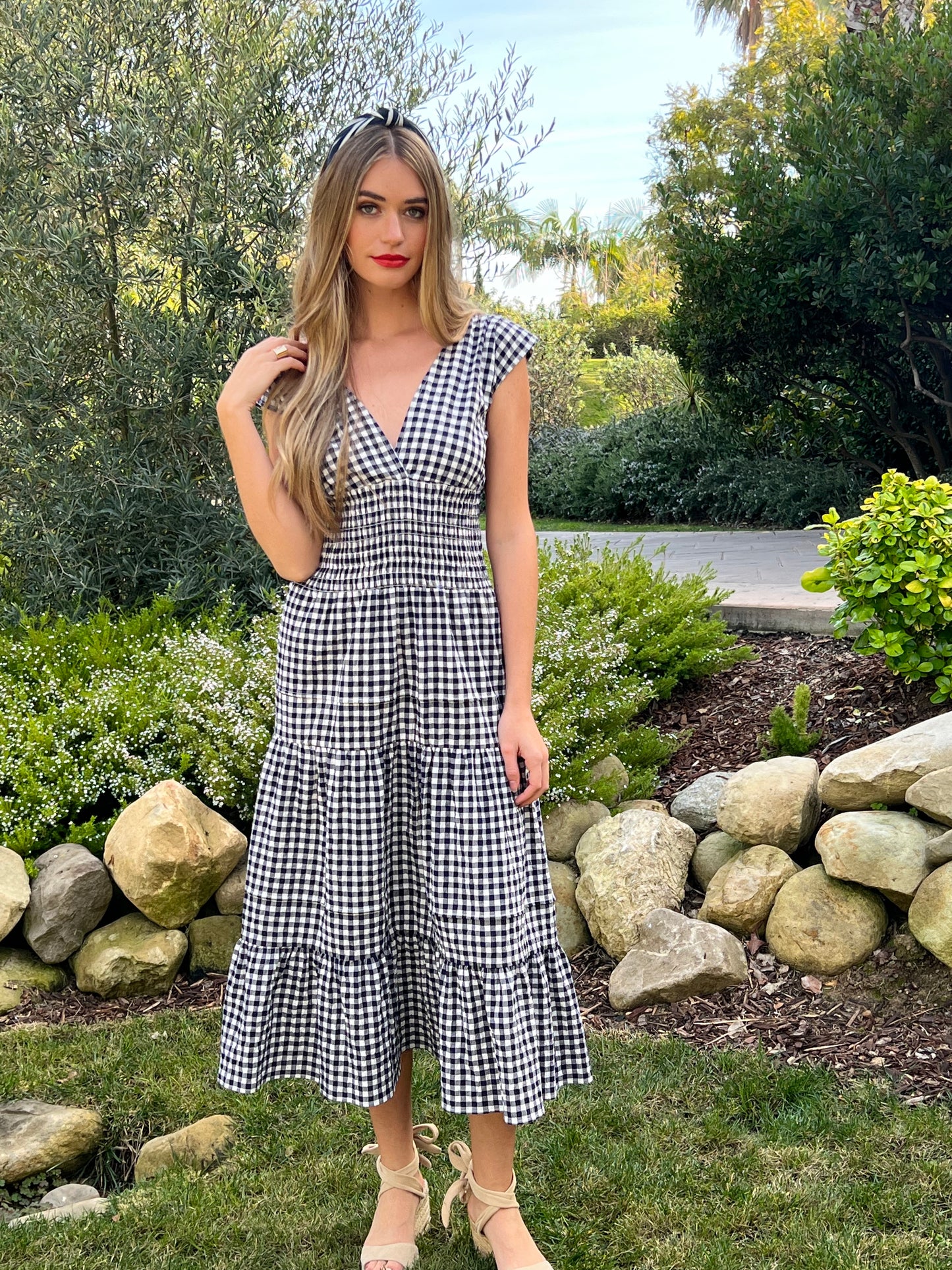 Smocked Dress Pucker Cotton - Navy Gingham