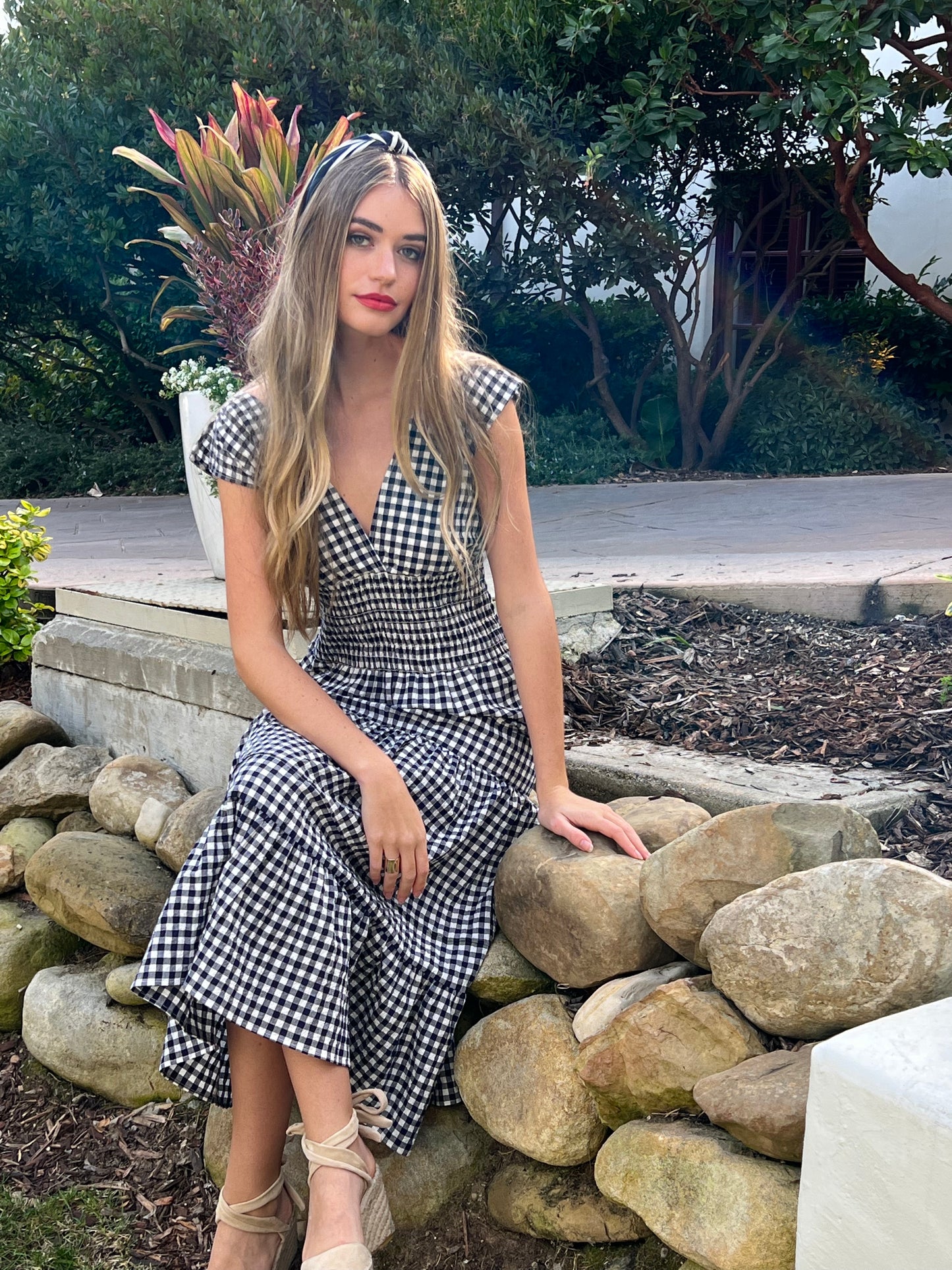 Smocked Dress Pucker Cotton - Navy Gingham