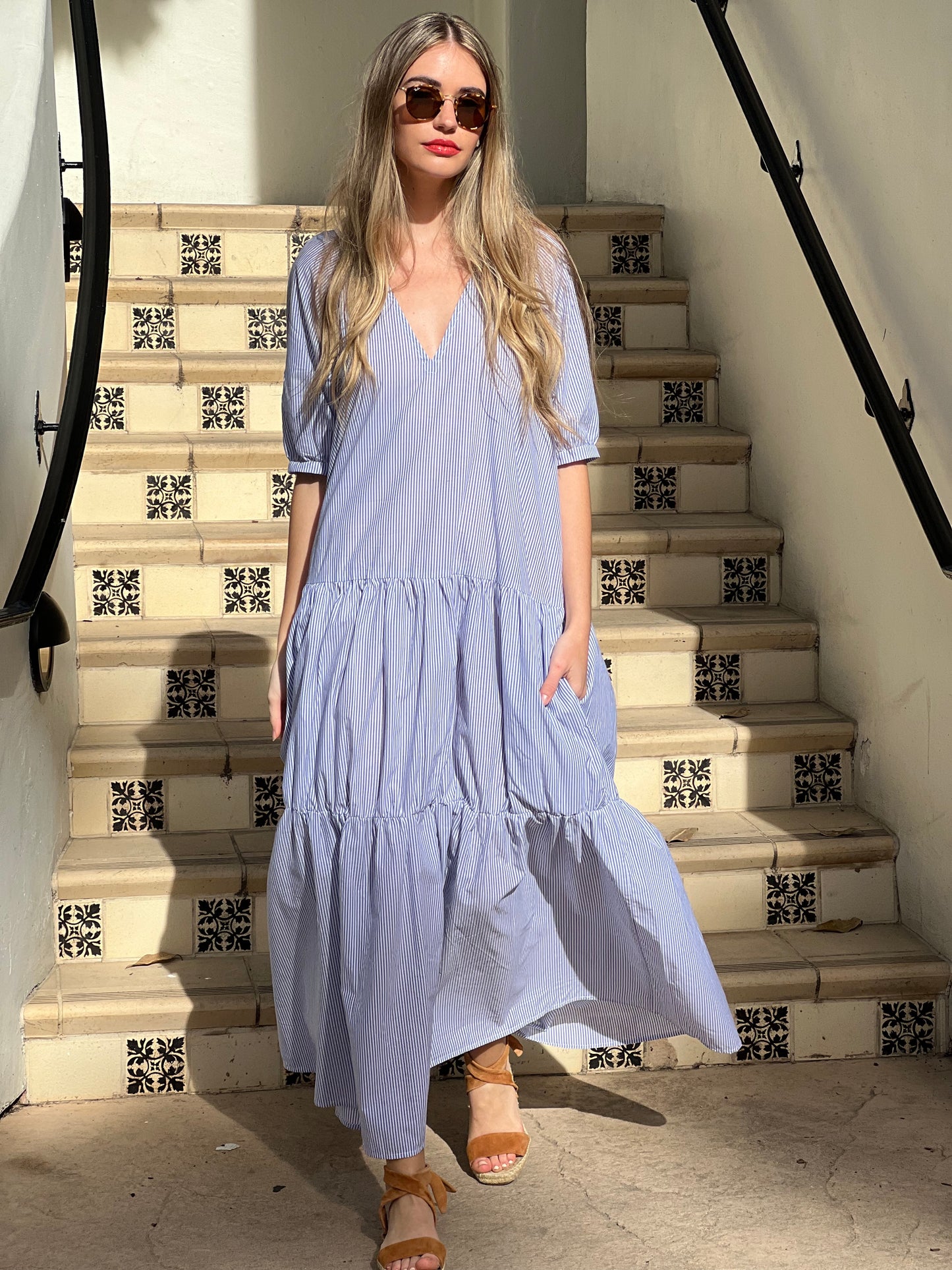 V Neck Tier Maxi Cotton - Navy Stripe