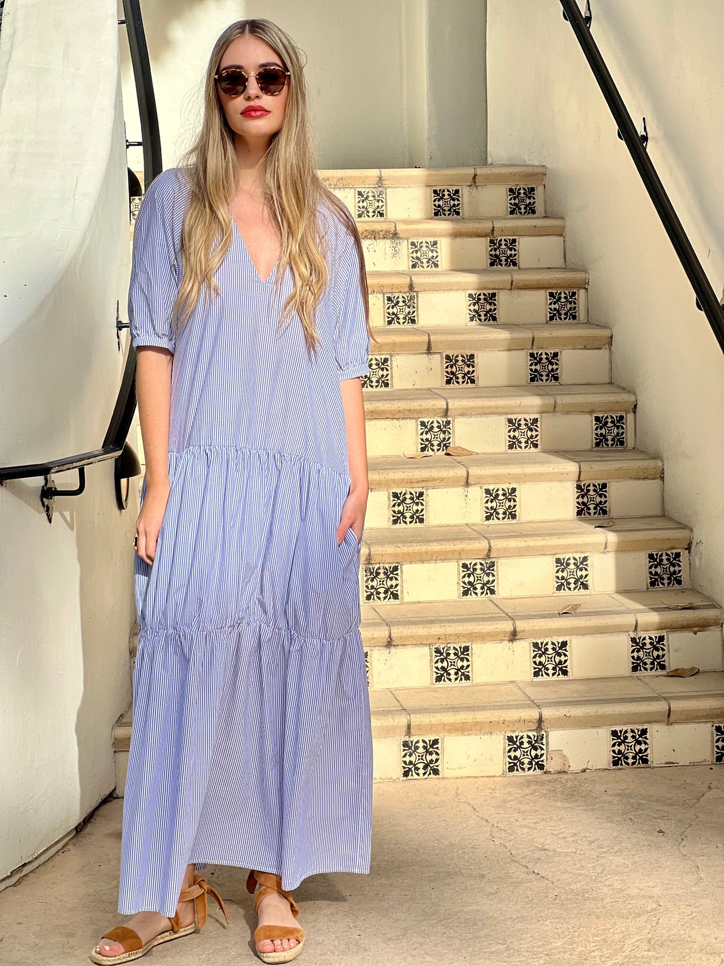 V Neck Tier Maxi Cotton - Navy Stripe