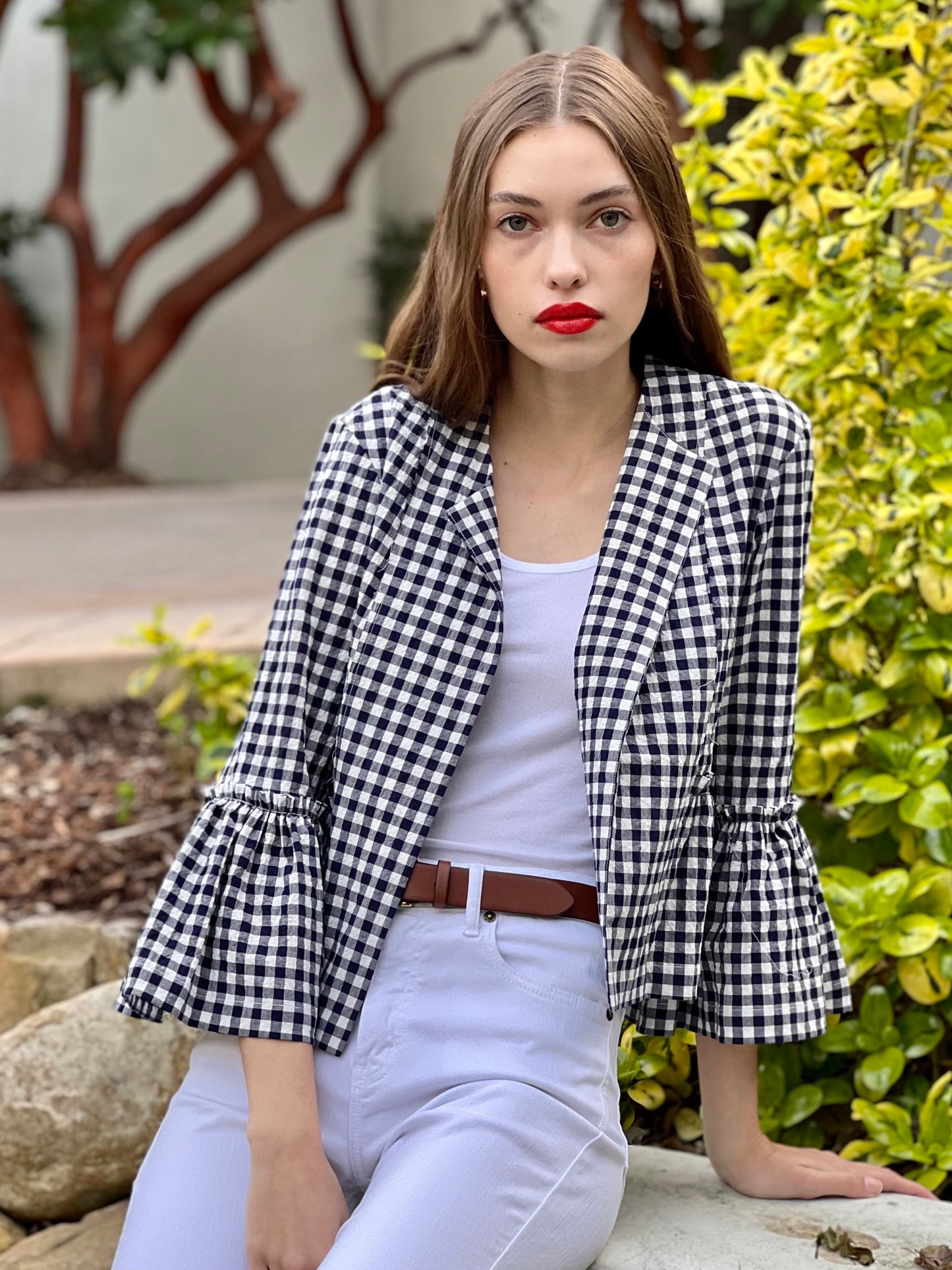 Puff Sleeve Jacket Pucker Cotton- Navy Gingham