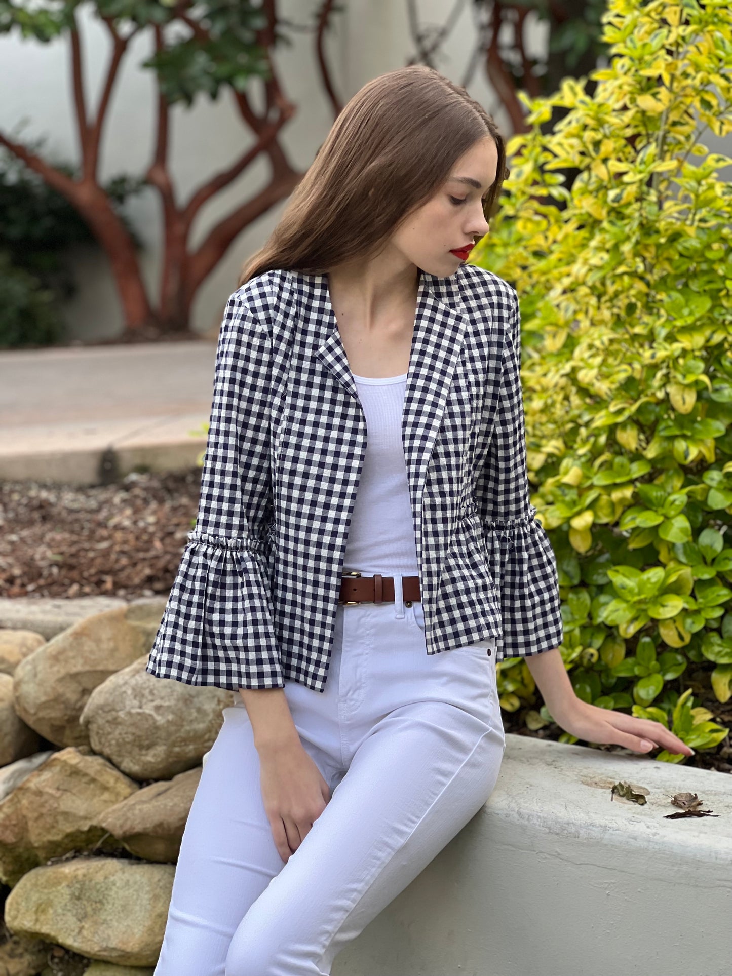 Puff Sleeve Jacket Pucker Cotton- Navy Gingham