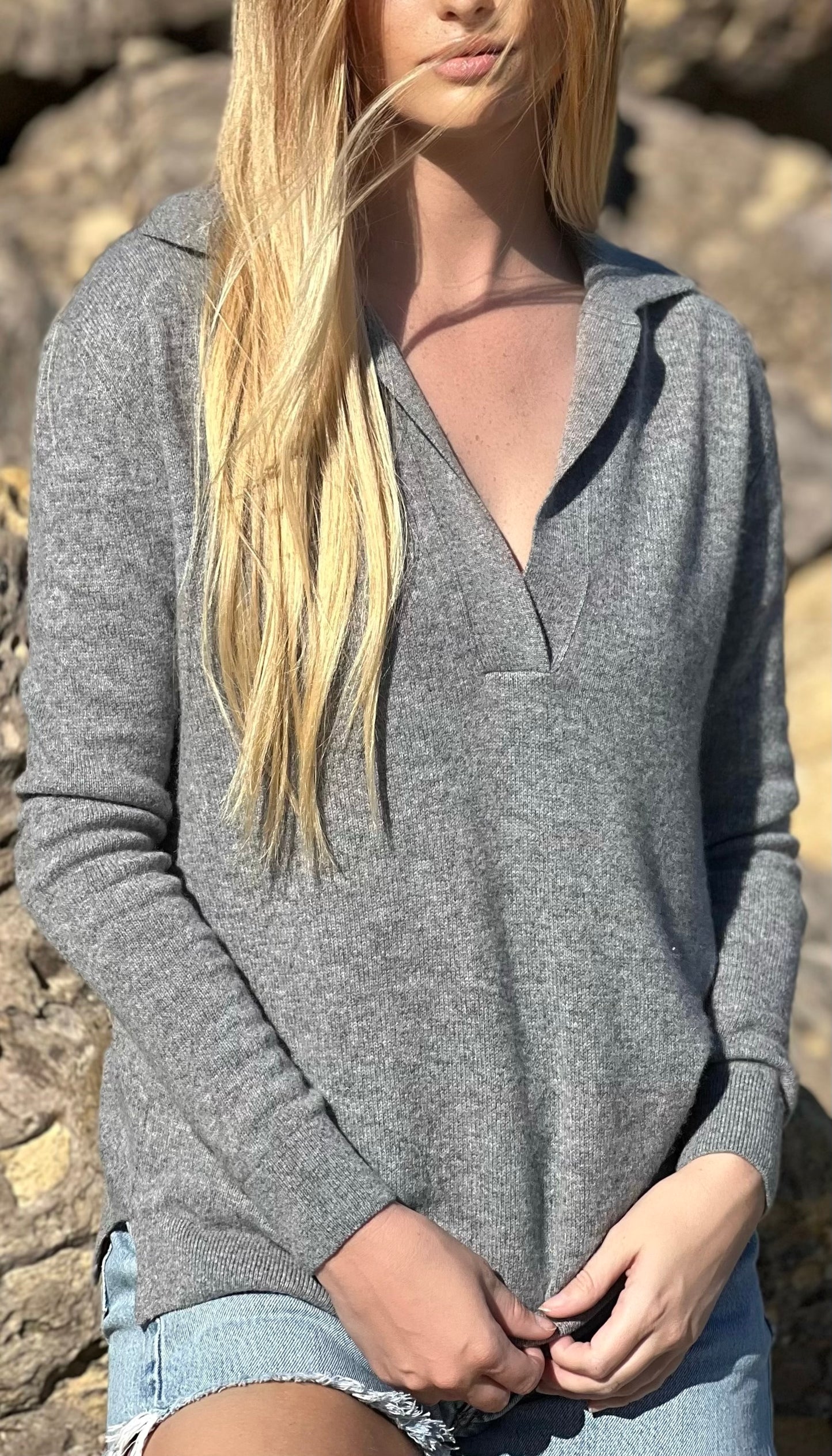Polo Neck Cashmere Sweater Heather Grey