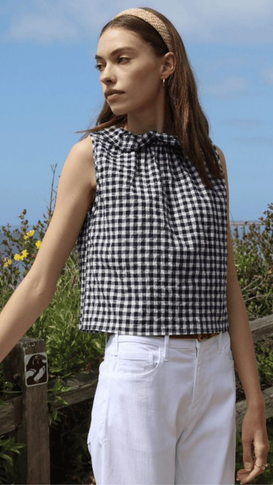 Ruffle Collar Top - Navy Gingham