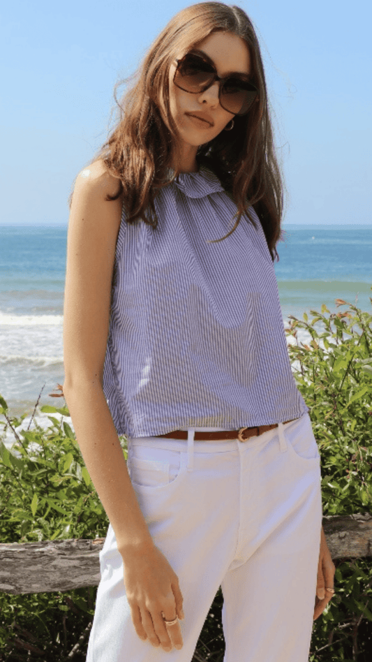 Ruffle Collar Top - Navy Stripe