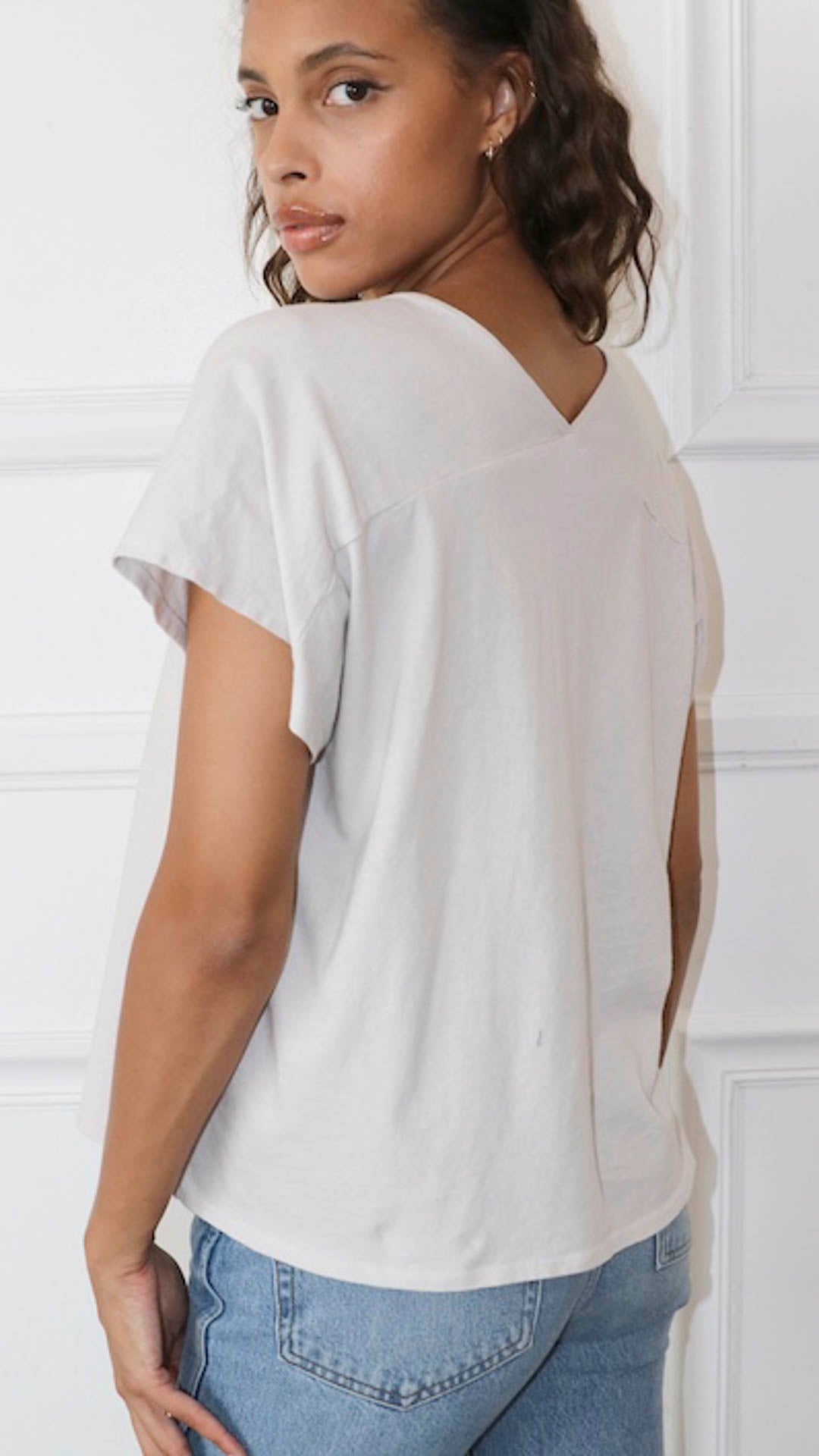 Crop Boxy V Neck Tee Cotton- Birch