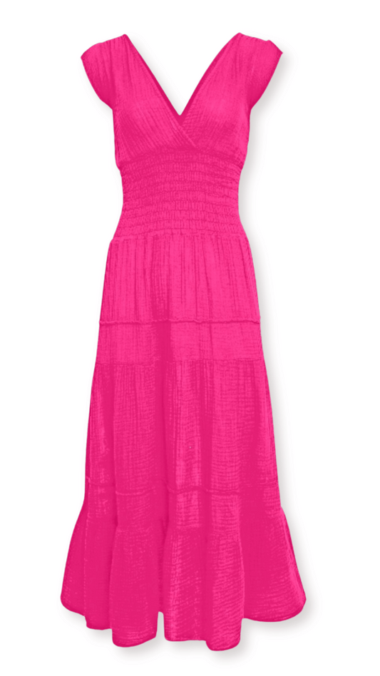 Smocked Dress Gauze  - Hot Pink