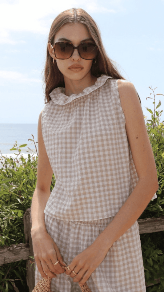 Ruffle Collar Top - Tan Gingham