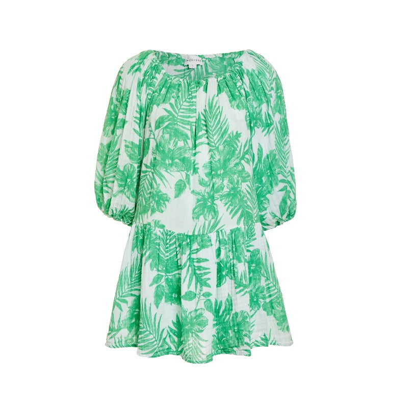 Capri Mini  Dress Gauze- Green Palm
